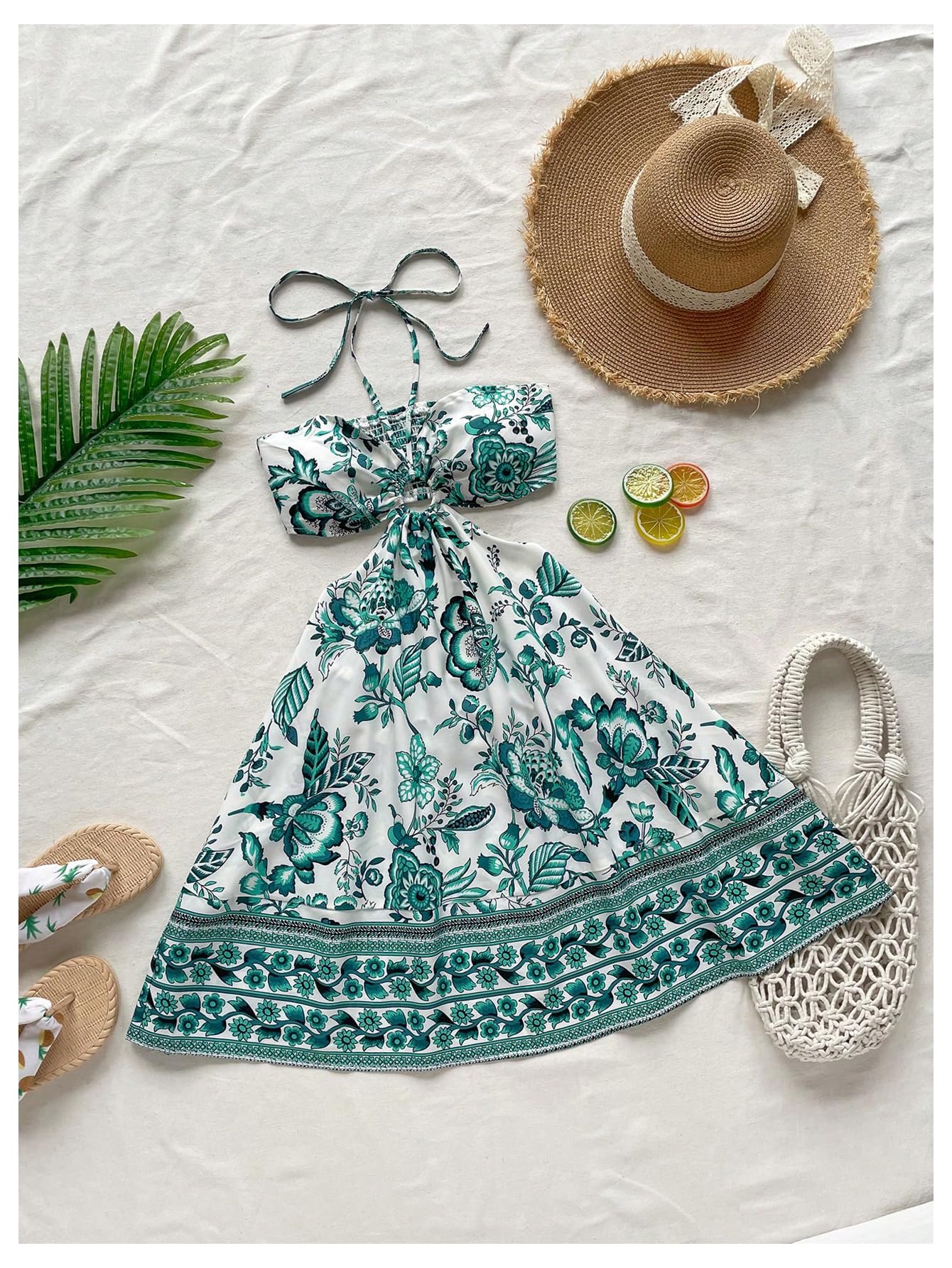 Women's Floral Halter Neck Vacation Dress Sleeveless Cut Out Boho Cami Dress