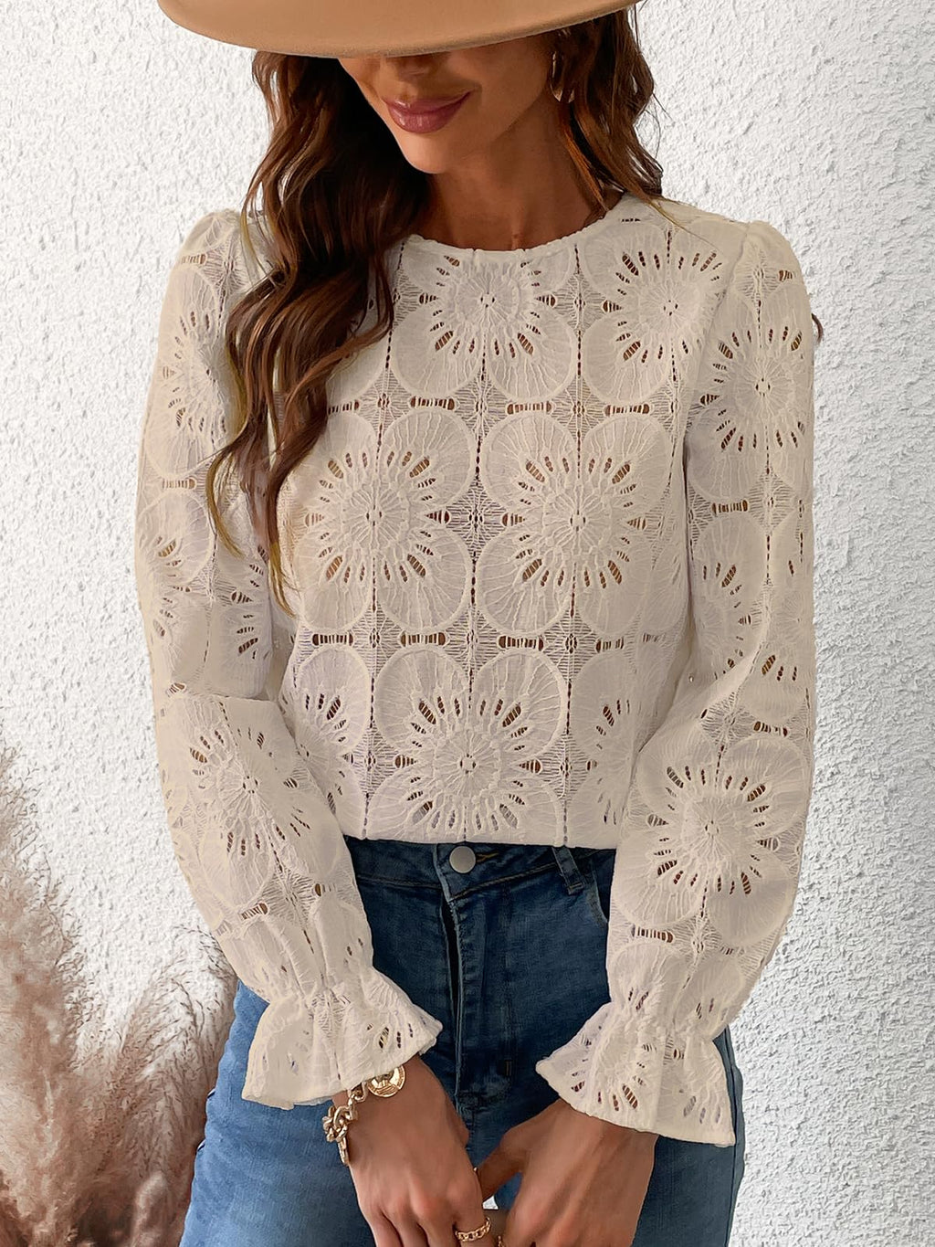Women Eyelet Long Sleeve - Dressy Hollow Out Crochet Lace Embroidered Blouse