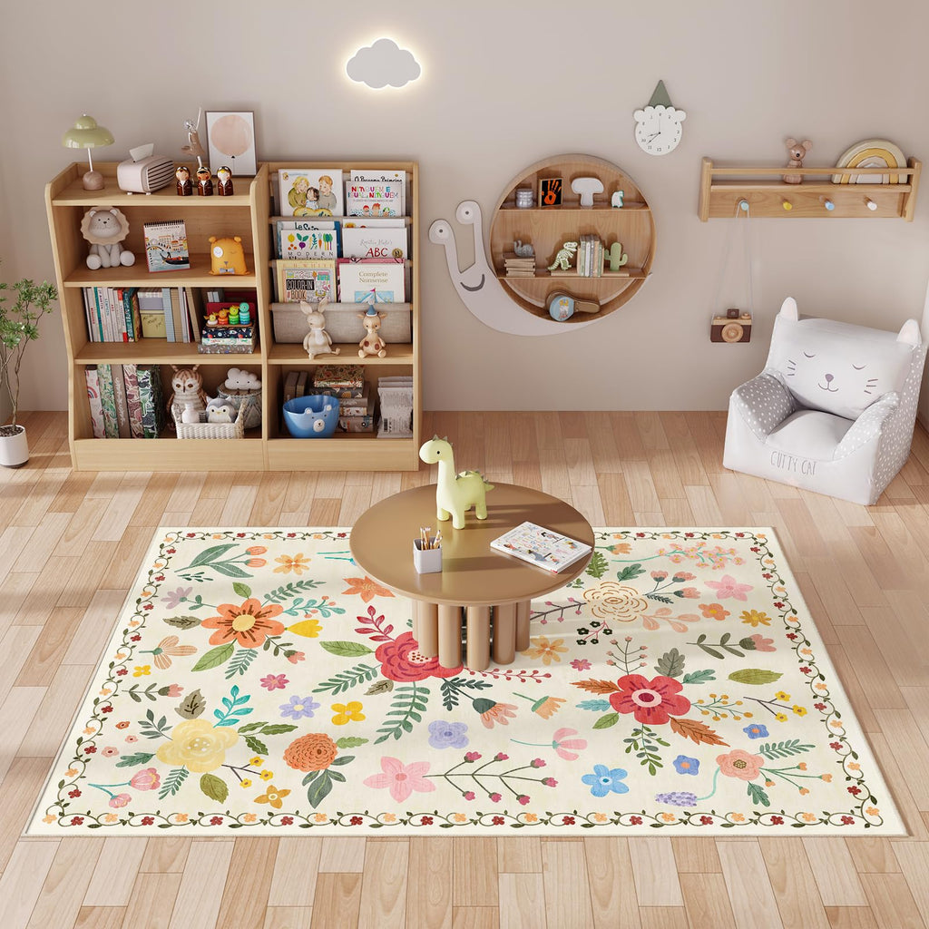 Washable Floral Rugs with Non Slip Backing, Stain Resistant, Floral Soft Low-Pile