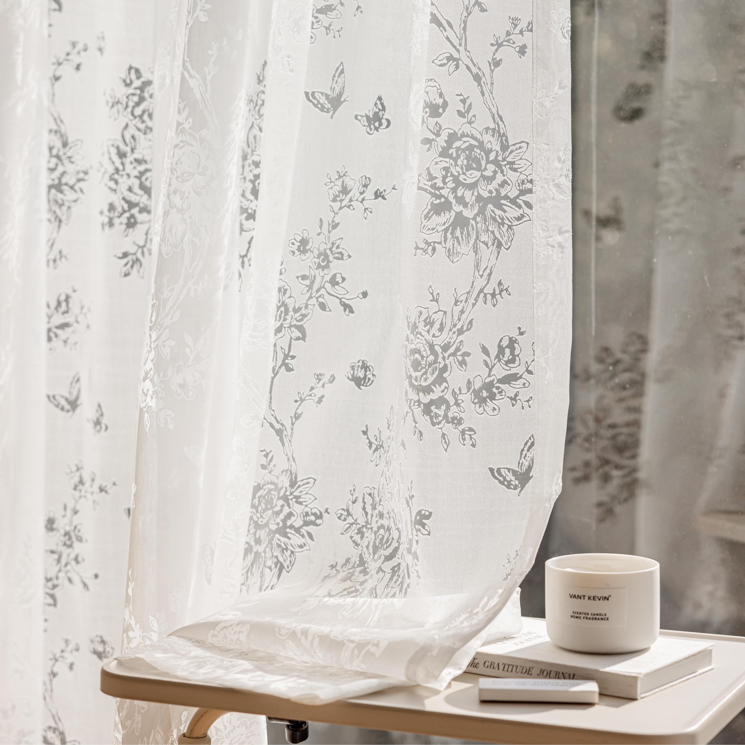 Vintage Lace Curtains, Romantic Semi Sheer Floral Lacy Curtains with Bow Curtain Ties