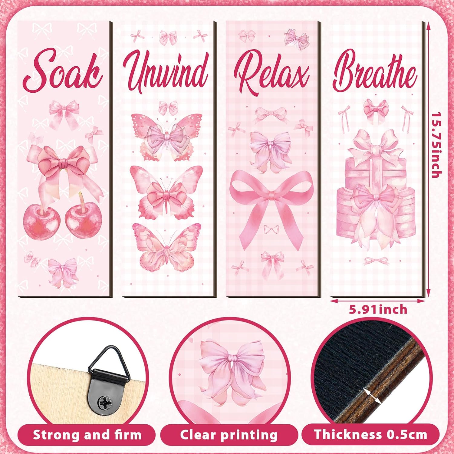 Coquette Pink Bow Bathroom Wall Decor Pink Pictures Wall Art 4 Pcs 11.8 x 3.9 Inch