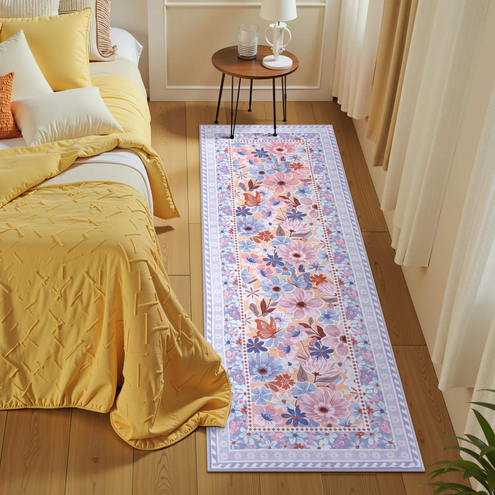 Floral Hallway Runner Rug, Runner Rugs Non Skid Washable, Low Pile Soft Boho Rugs