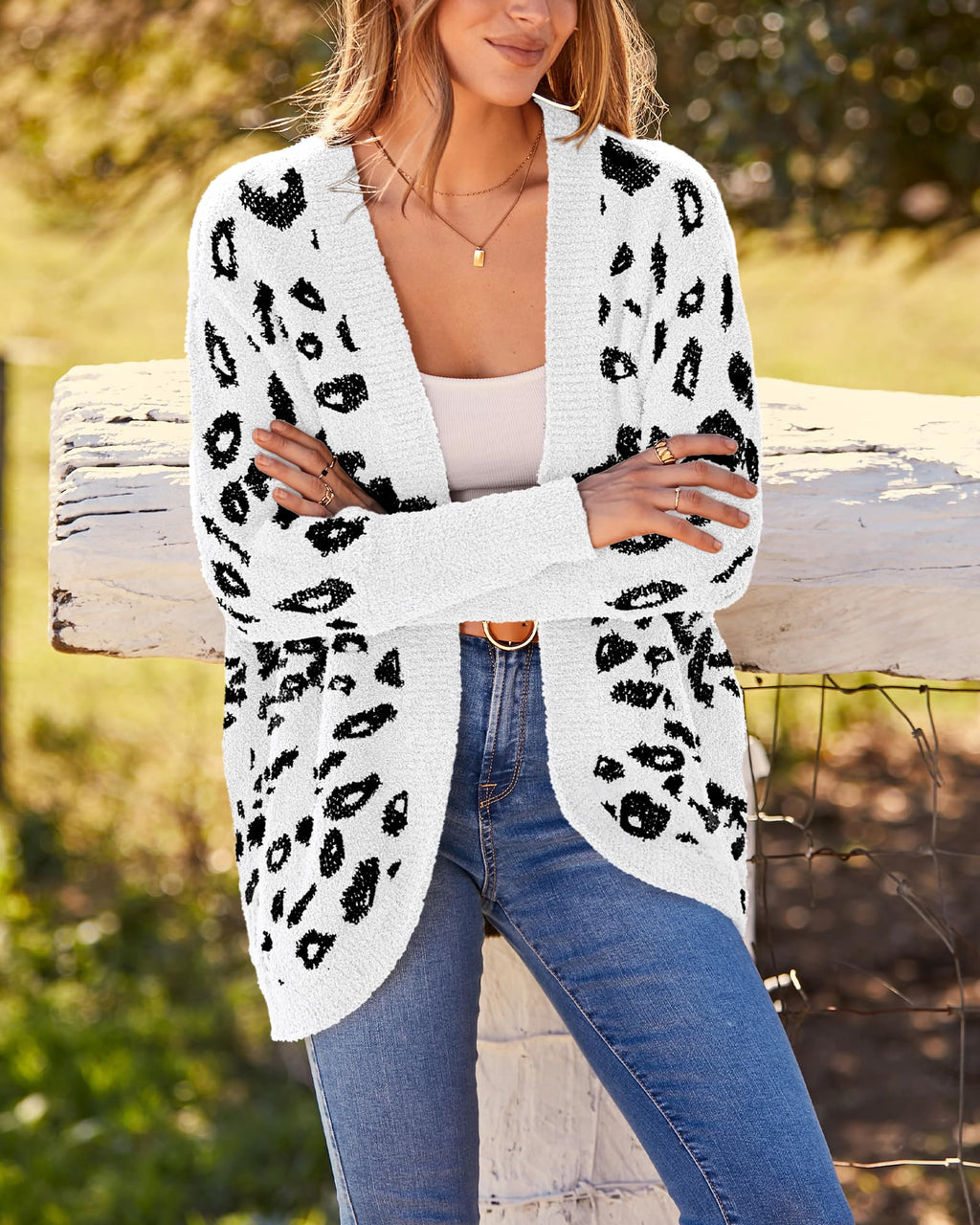 Women Fashion Leopard Print Long Sleeve Sweater Cardigan Loose Knit Open Front Fall Winter Outwear Coats