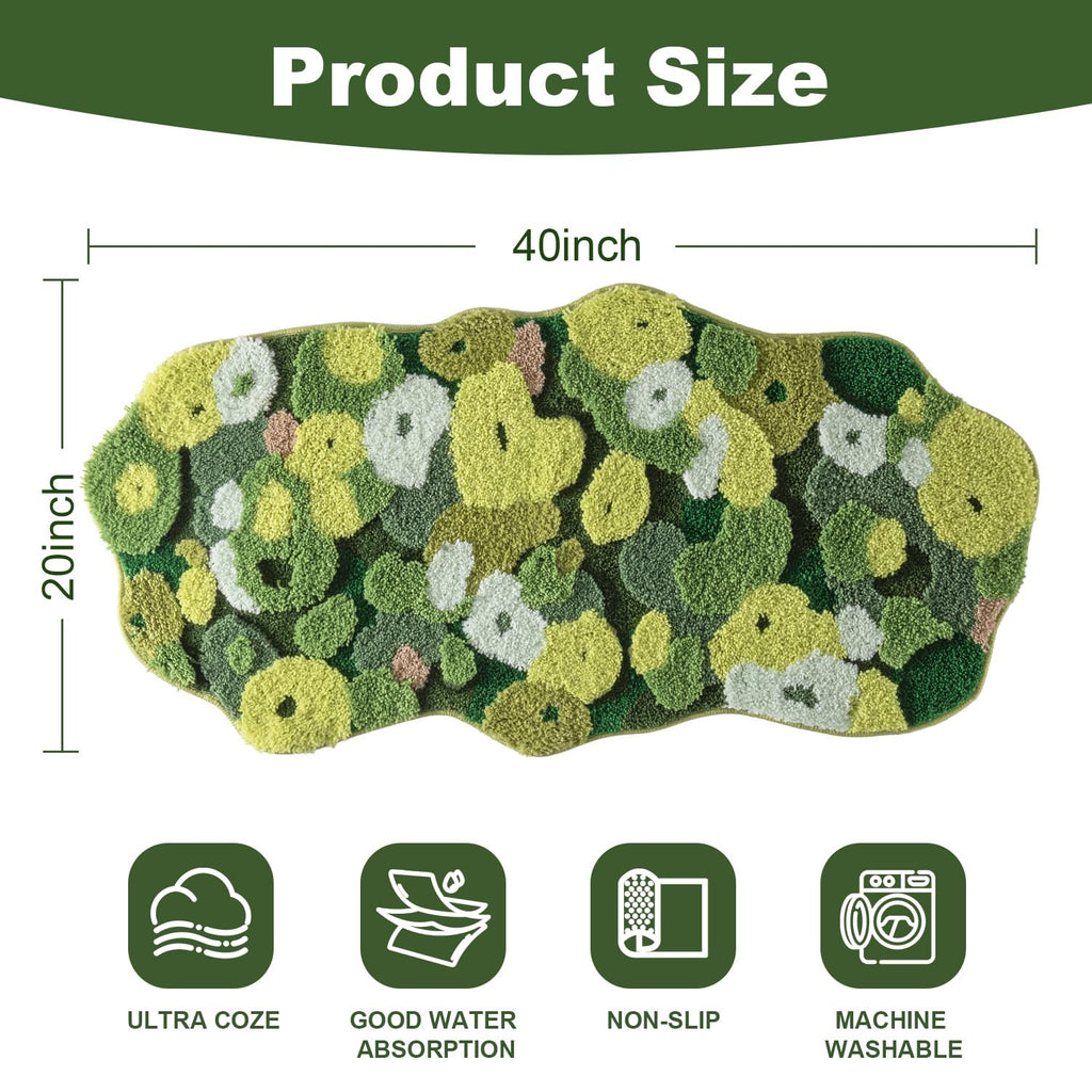 Green Moss Bathroom Rugs Bath Mat Non Slip, Ultra Soft Absorbent Aesthetic Decor Shaggy Tufted Flower Long Bath Rugs