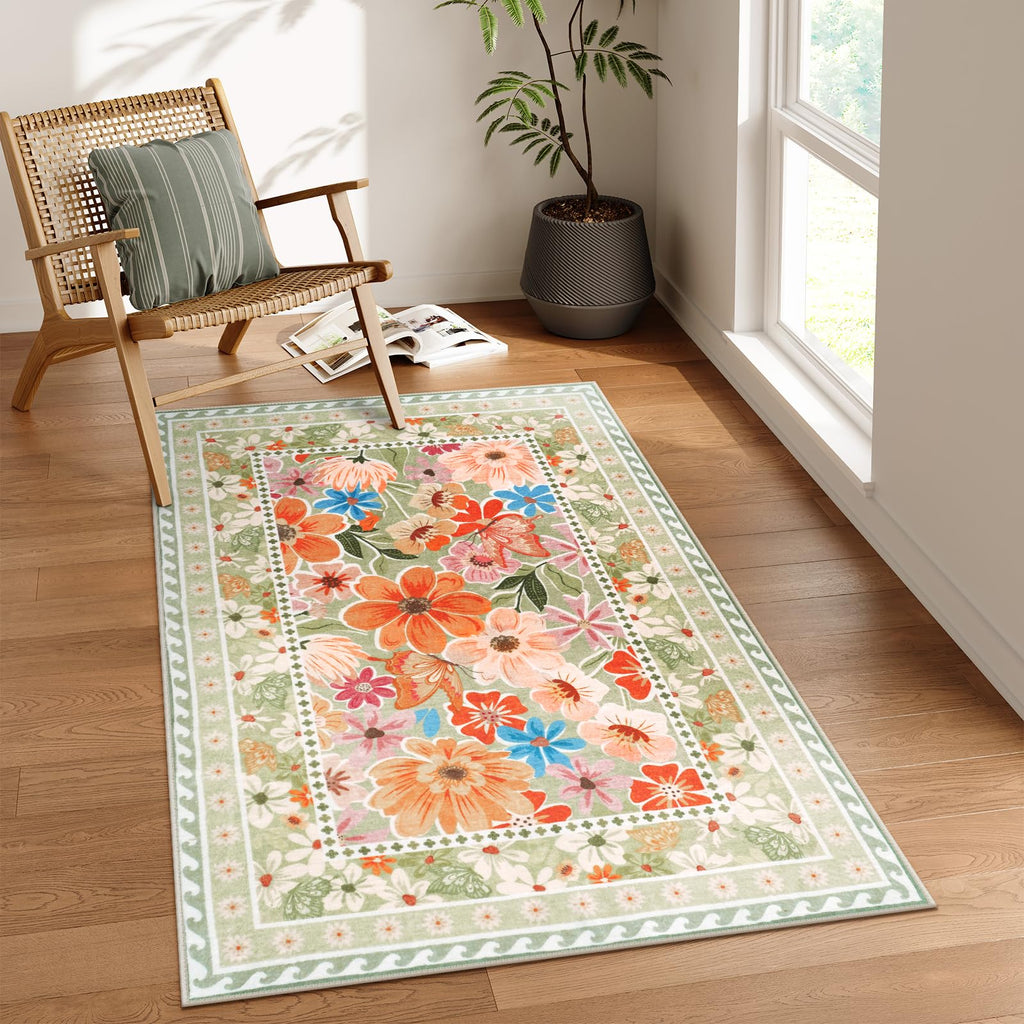 Floral Hallway Runner Rug, Runner Rugs Non Skid Washable, Low Pile Soft Boho Rugs