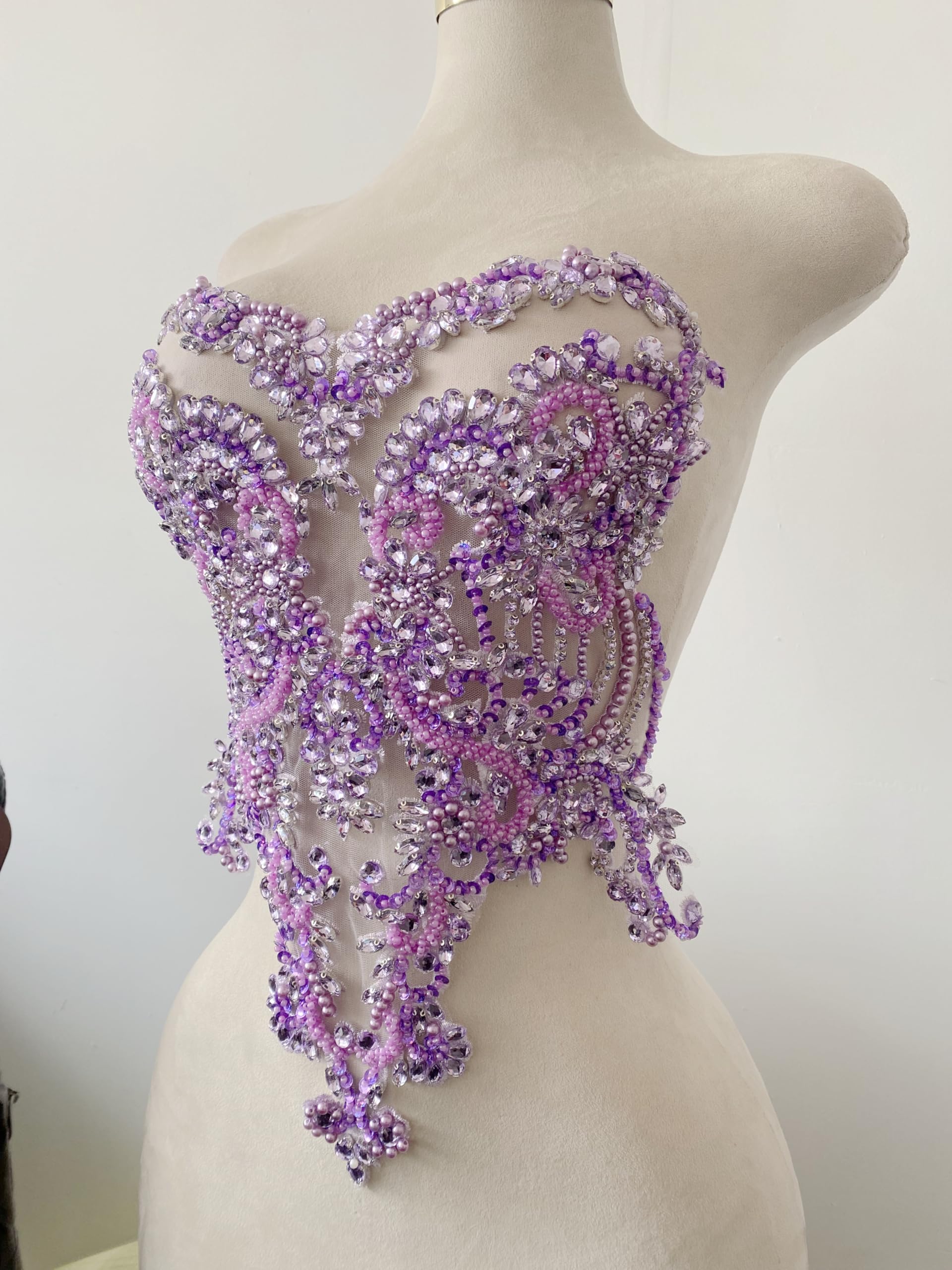 Handmade red/Blue/Gold/Green Rhinestones lace Bodice Applique Sewing Beads Crystal Trim Patches Accessory for Dress Clothes (Rose red)