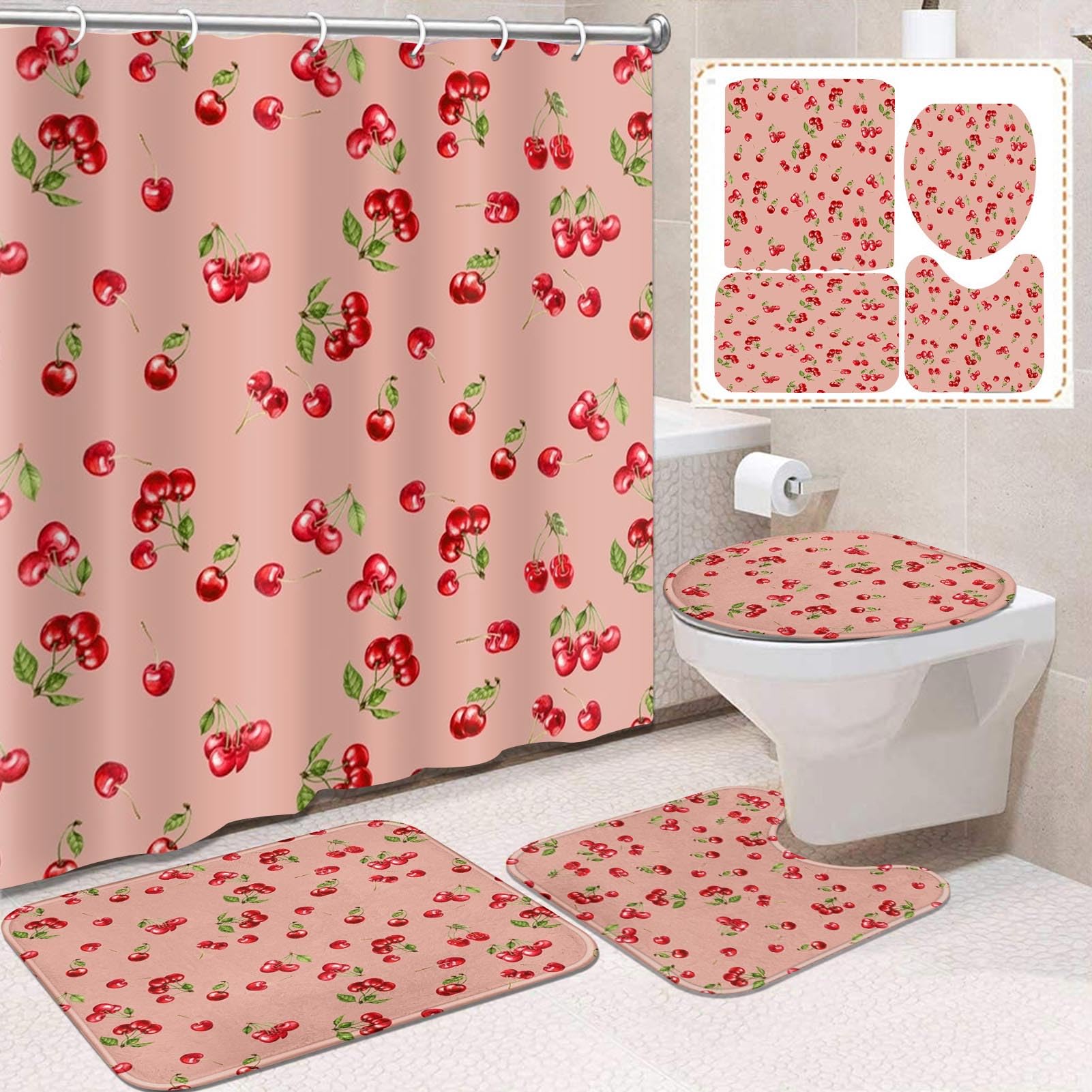 Vintage 4 Pcs Bathroom Sets with Shower Curtain and Rugs, Shower Curtain Sets for Bathroom Decor with 12 Hooks