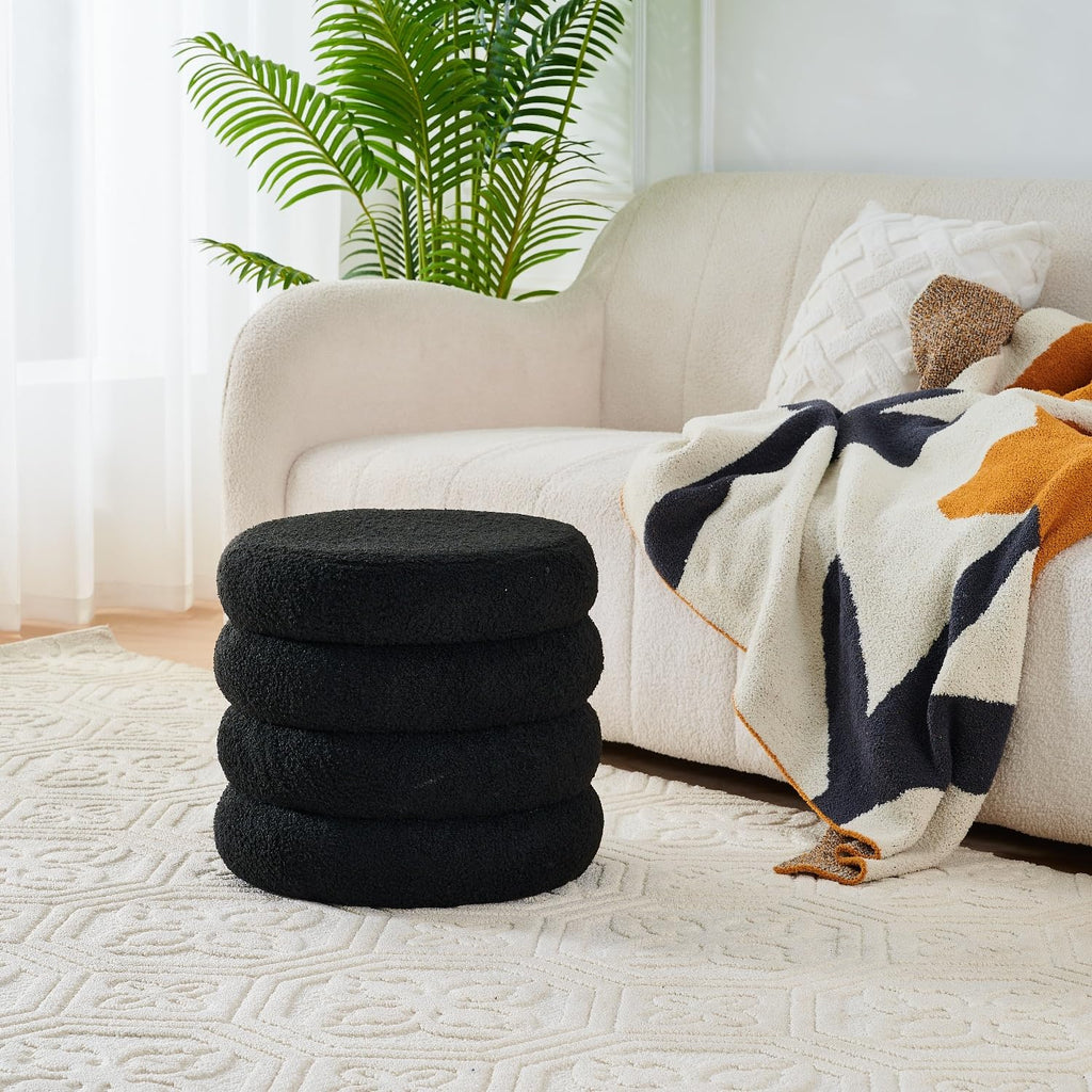 Round Storage Ottoman, Modern Sherpa Footstool with Flip-Top