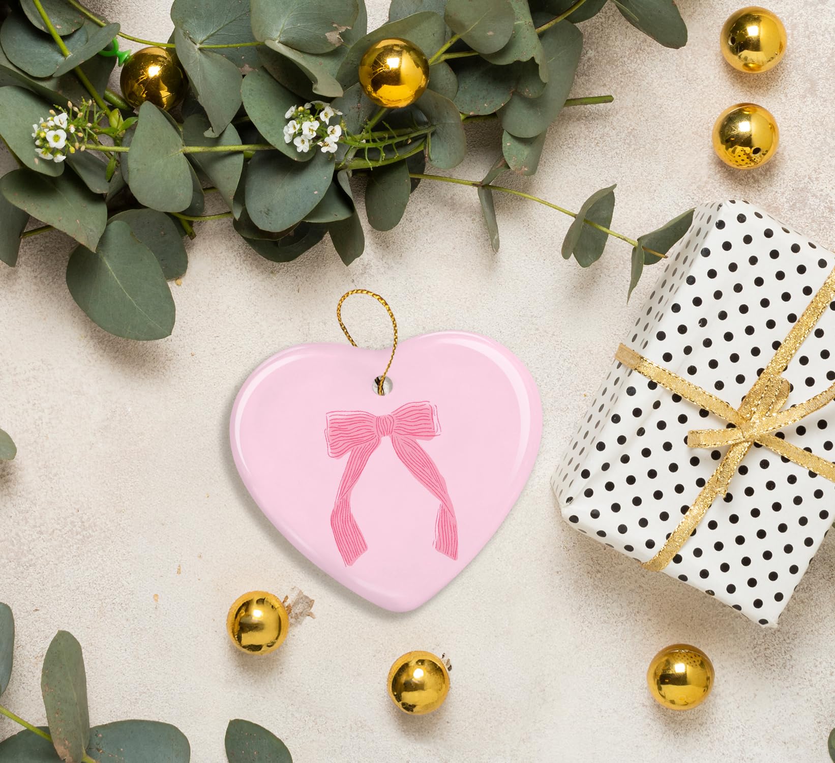 Coquette Trendy Pink Bow Ornament, Keepsake Sign for Decoration, Ceramic Heart