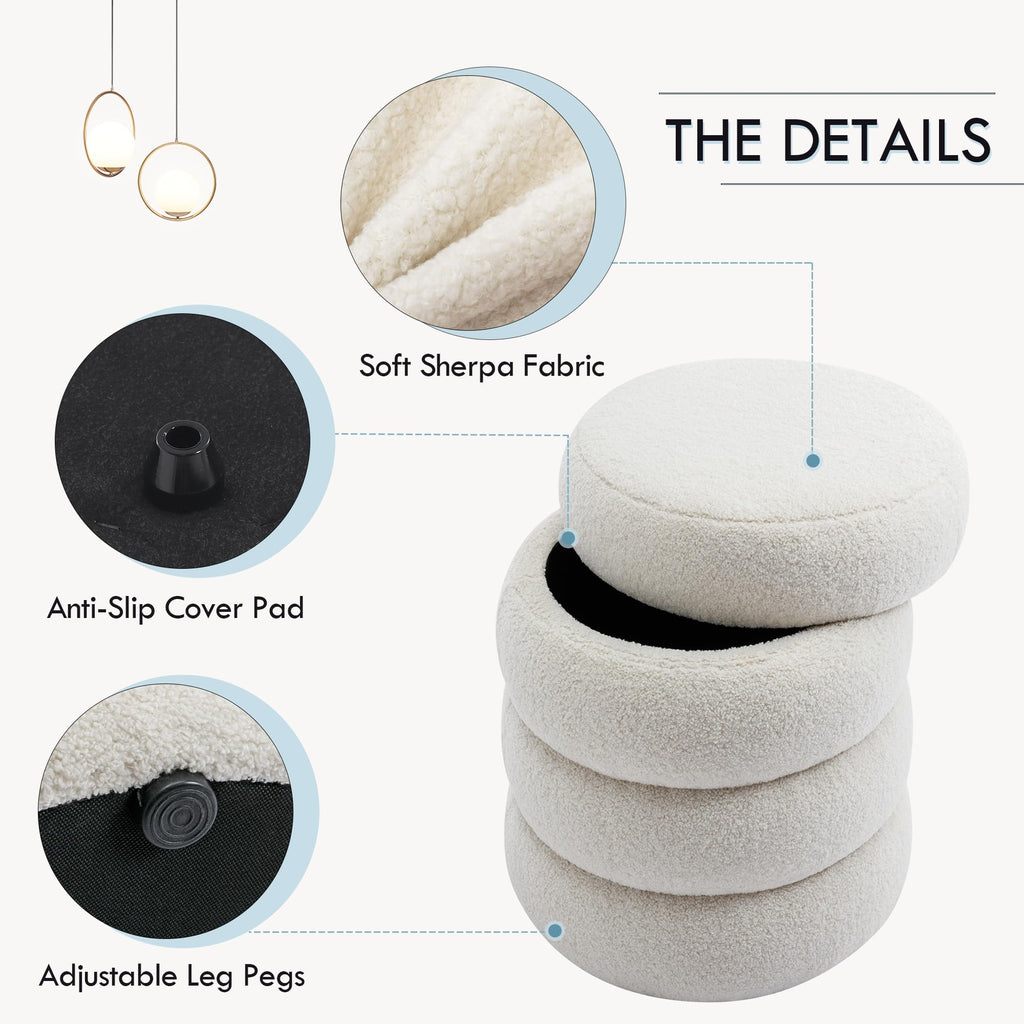 Storage Ottoman Round, Ottoman with Storage, Sherpa Ottoman Storage, (18 Inches x 16 Inches) Set of 2