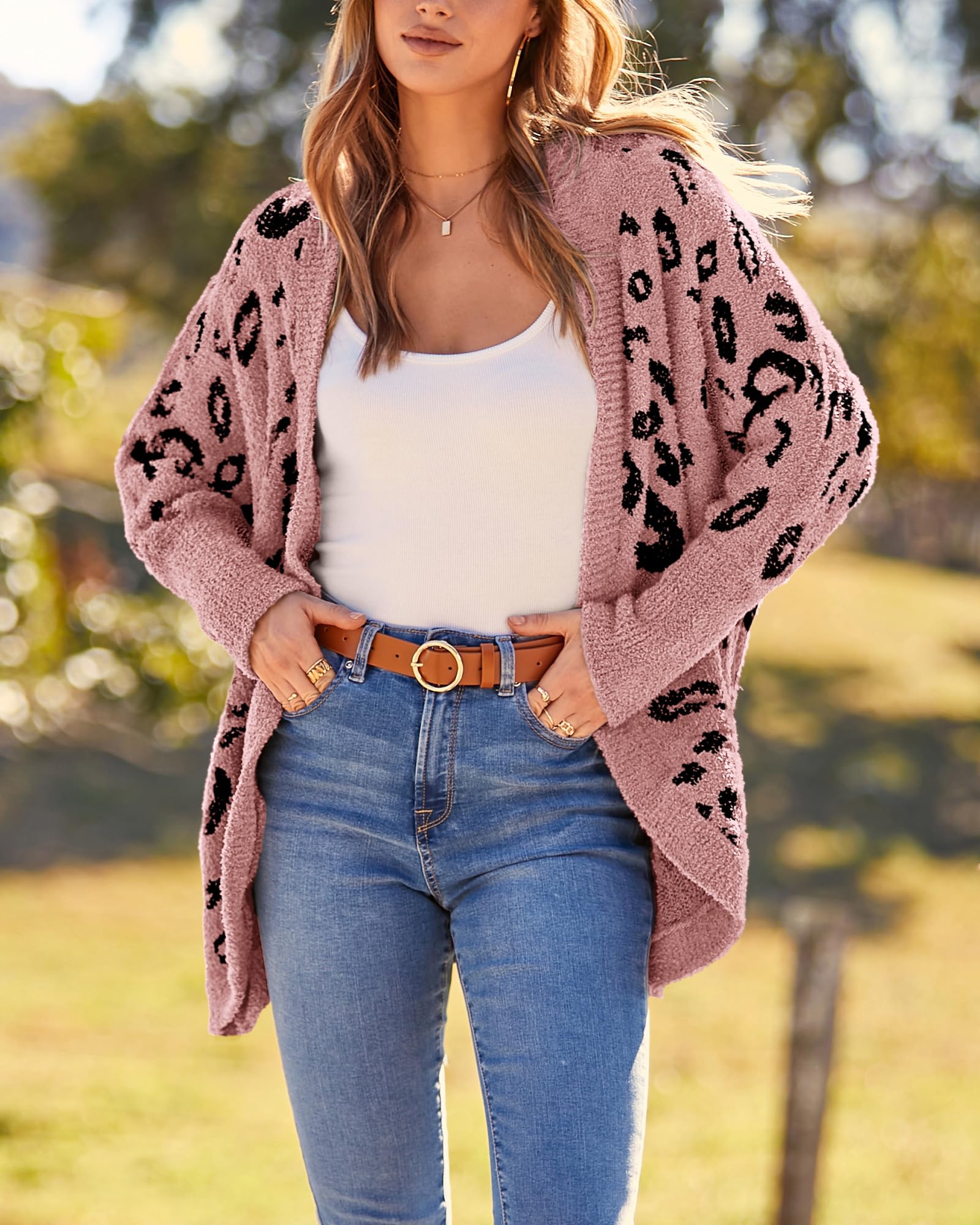 Women Fashion Leopard Print Long Sleeve Sweater Cardigan Loose Knit Open Front Fall Winter Outwear Coats