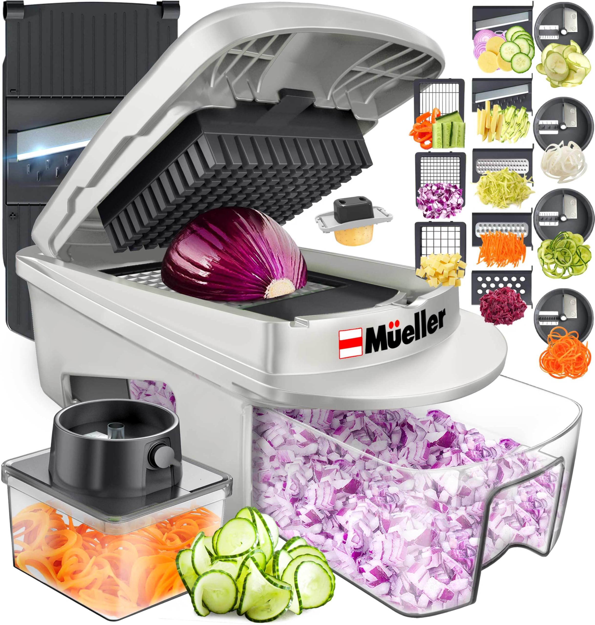 Mueller Pro-Series All-in-One, Mandoline Slicer for Kitchen, Food Chopper, Cucumber Slicer and Spiralizer, Cutter, Dicer, Grater, Kitchen Essentials