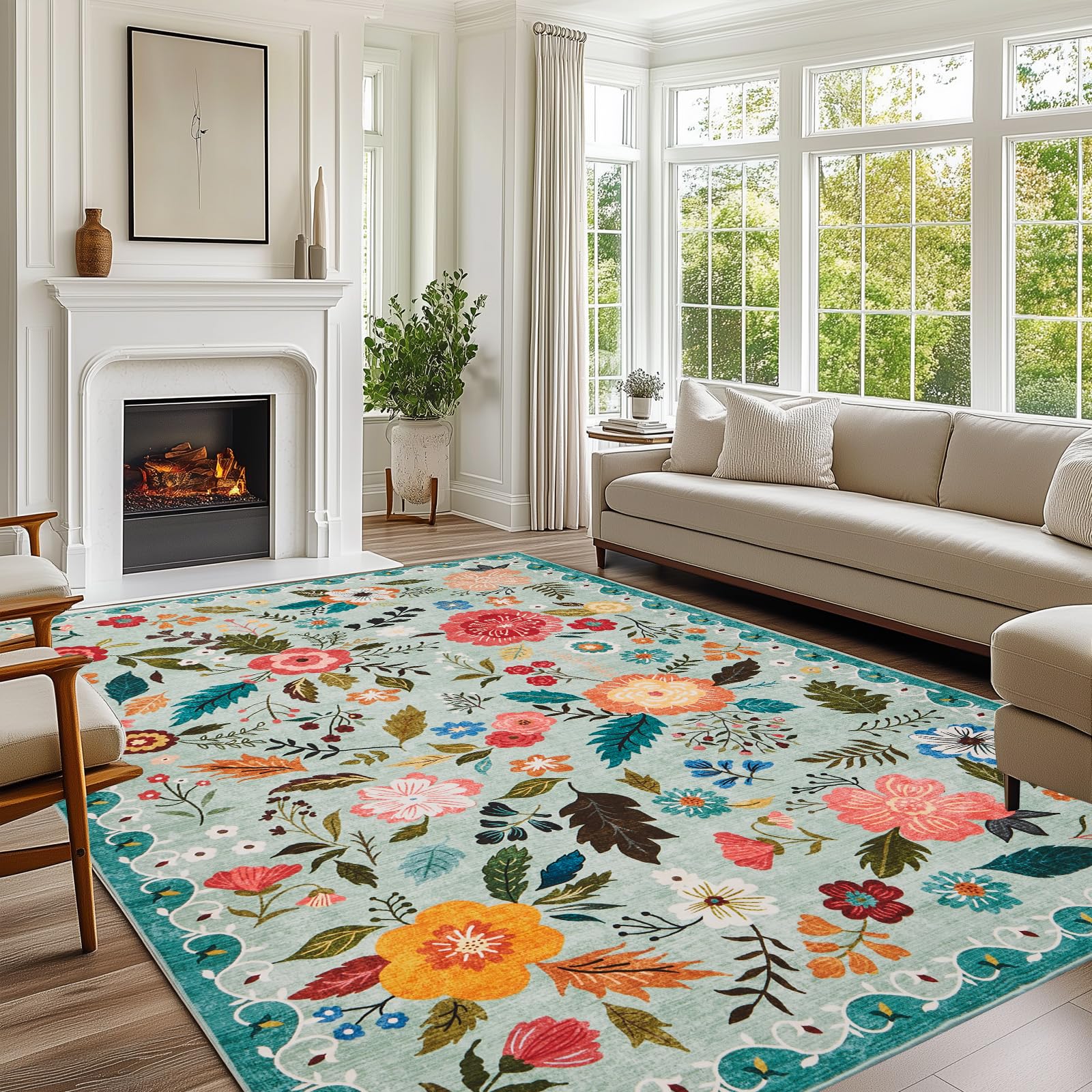 Boho Floral Vintage Rug for Home Washable Rugs Soft Low Pile, Non Slip Non-Shedding