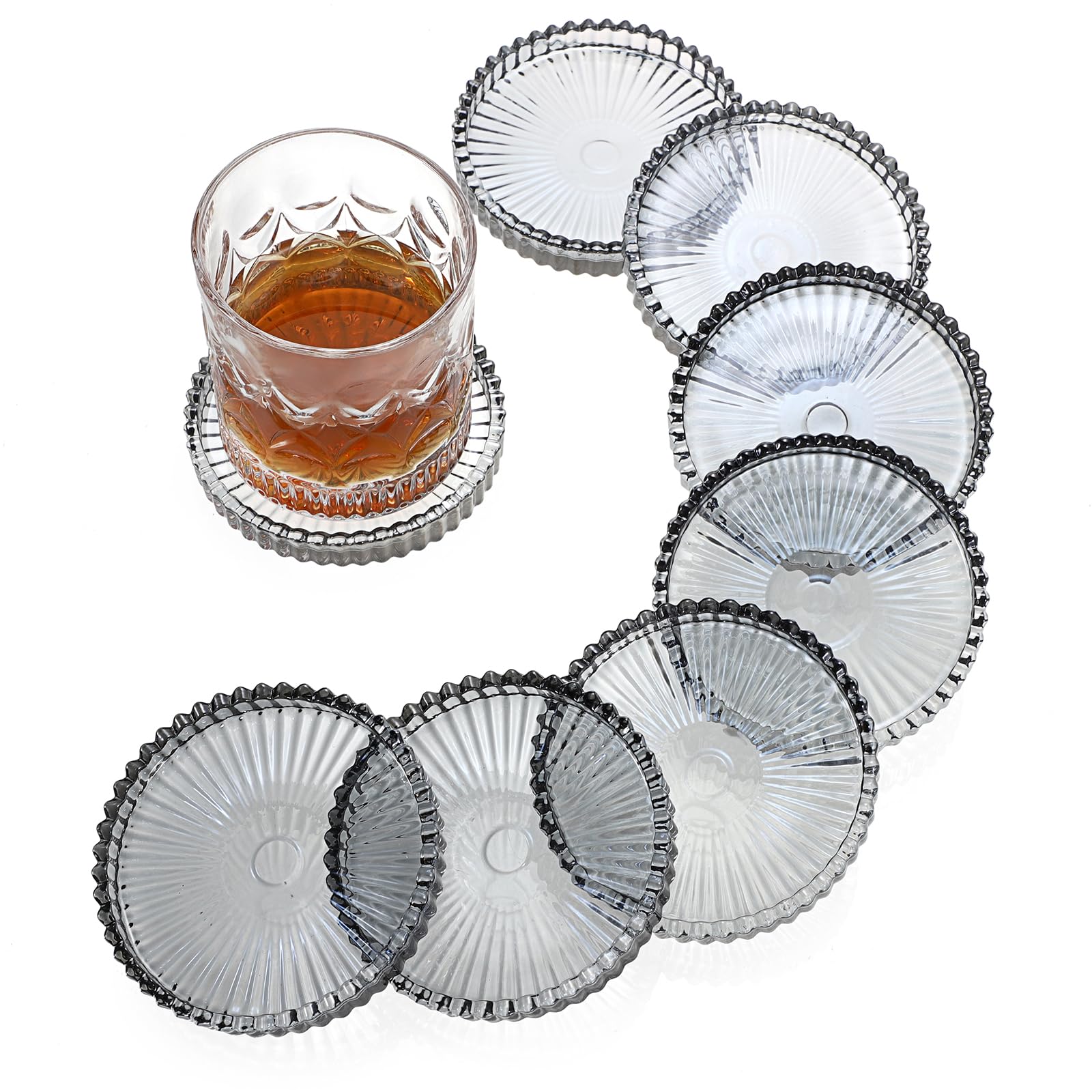 Modern Clear Coaster Set of 8- Glass Coasters for Drinks Crystal Coasters Round Cup Coasters