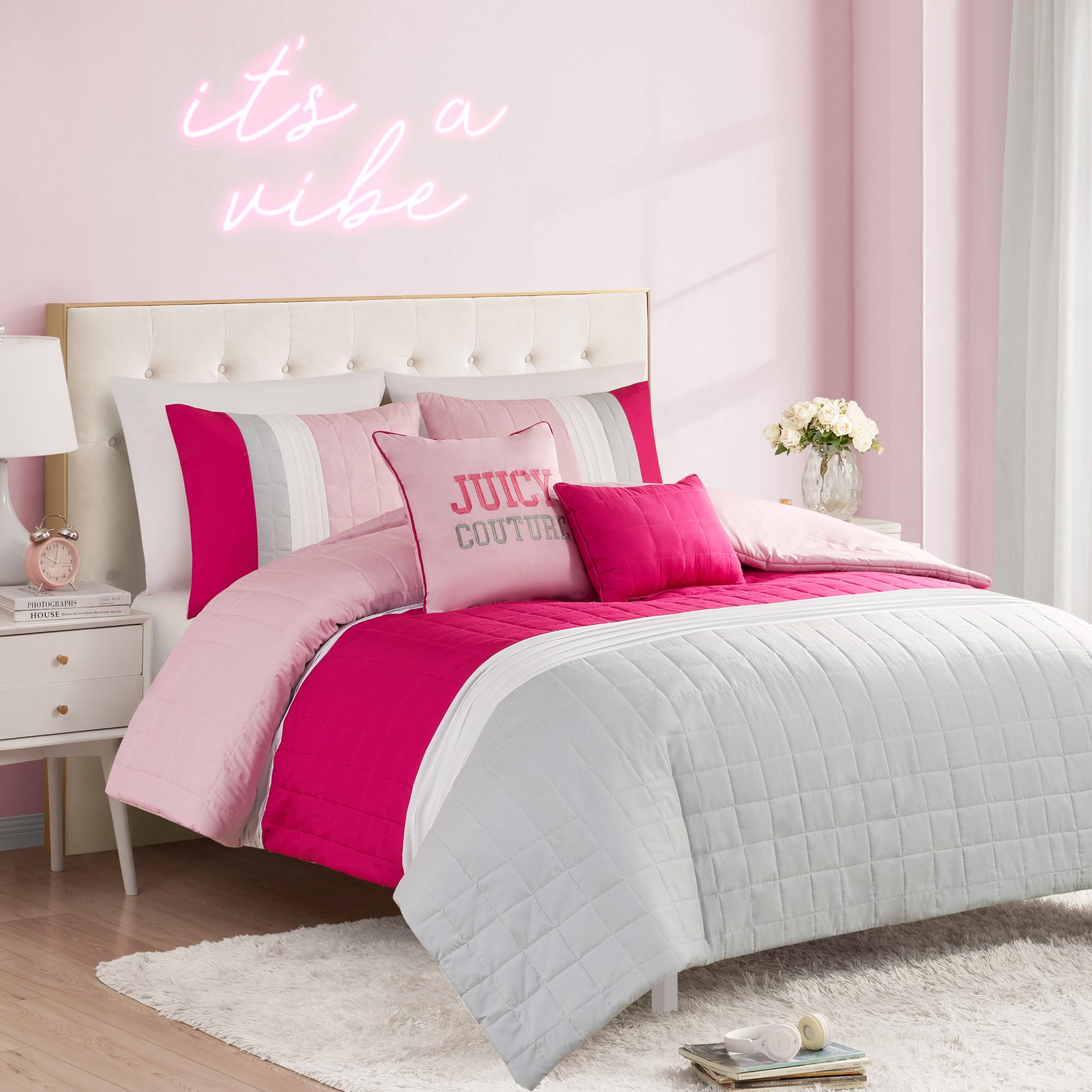 Juicy Couture Color Blocked King Striped 5-Piece Comforter Set - Pink/White/Grey Designer Bedding Set