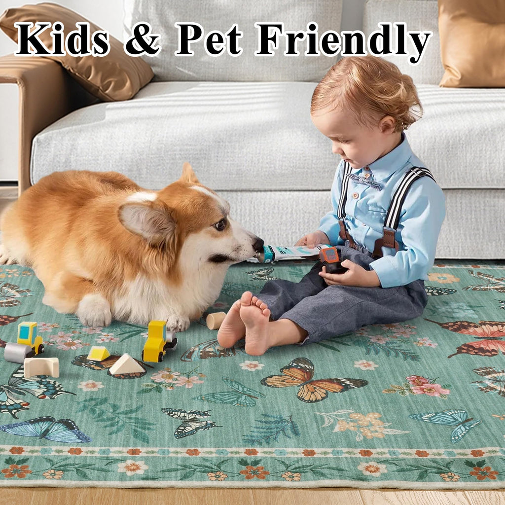 Insect Floral Area Rug, Machine Washable Area Rug Non-Slip Low Pile Large Bedroom Rug Stain Resistant Throw Rug Carpet