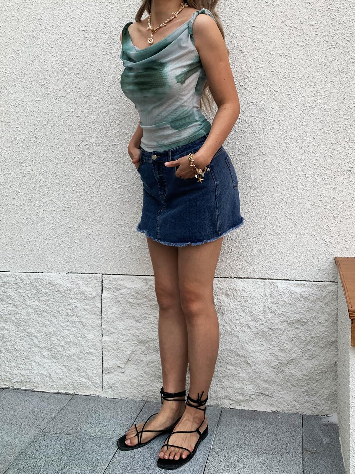 Women's Off The Shoulder Top Sleeveless Twist Strap Slim Fit Tie-Dyed Stretchy Tank Top Y2K Casual T Shirts