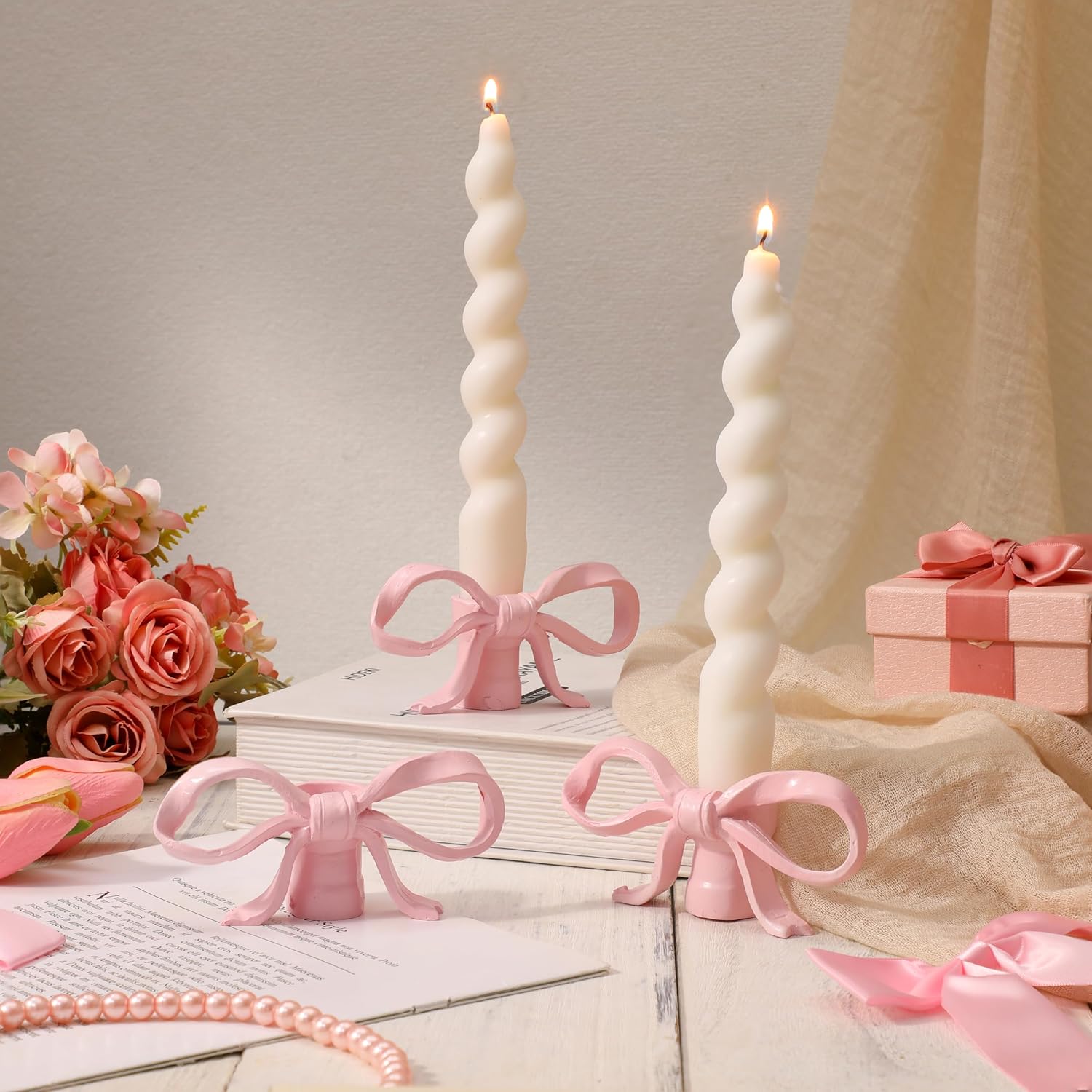 3 Pcs Pink Bow Candle Holder Coquette Bow Taper Candlestick Holder Modern Style Resin Decorative Candle Stand Centerpiece
