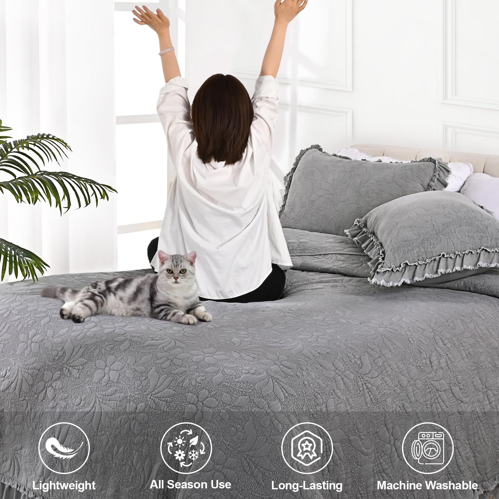 Ruffled Floral Quilts Soybean Fiber Filling Bedding Set 3 Piece, Stone-Washed Microfiber Shabby Chic Lightweight Soft Bedspread