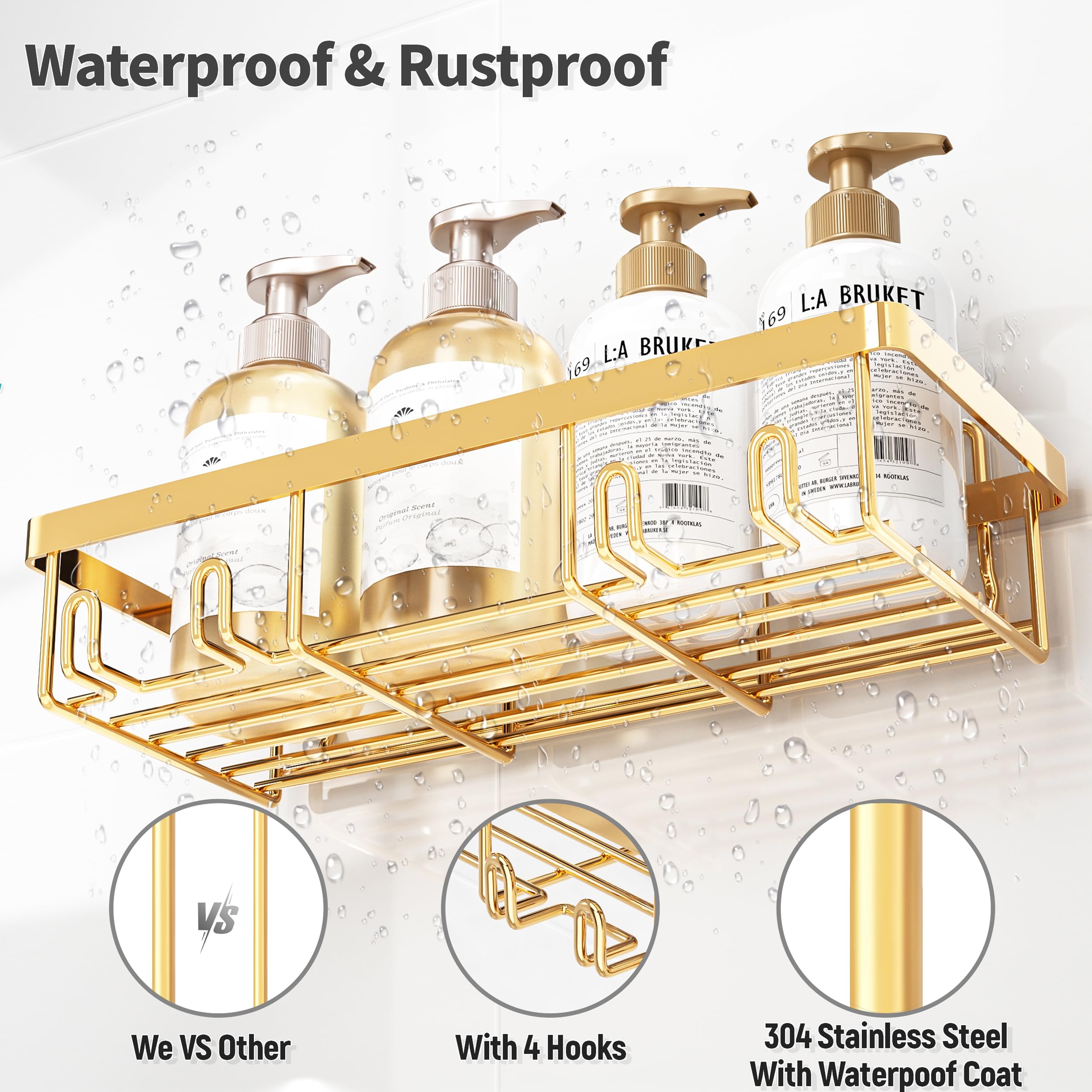Shower Caddy Organizer Rack Shelf for Inside Shower, Adhesive Bathroom Wall Storage Basket Rustproof Stainless Steel