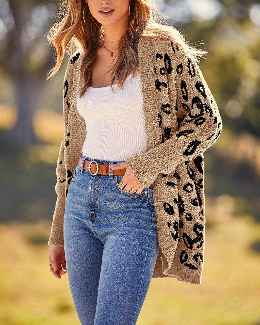 Women Fashion Leopard Print Long Sleeve Sweater Cardigan Loose Knit Open Front Fall Winter Outwear Coats
