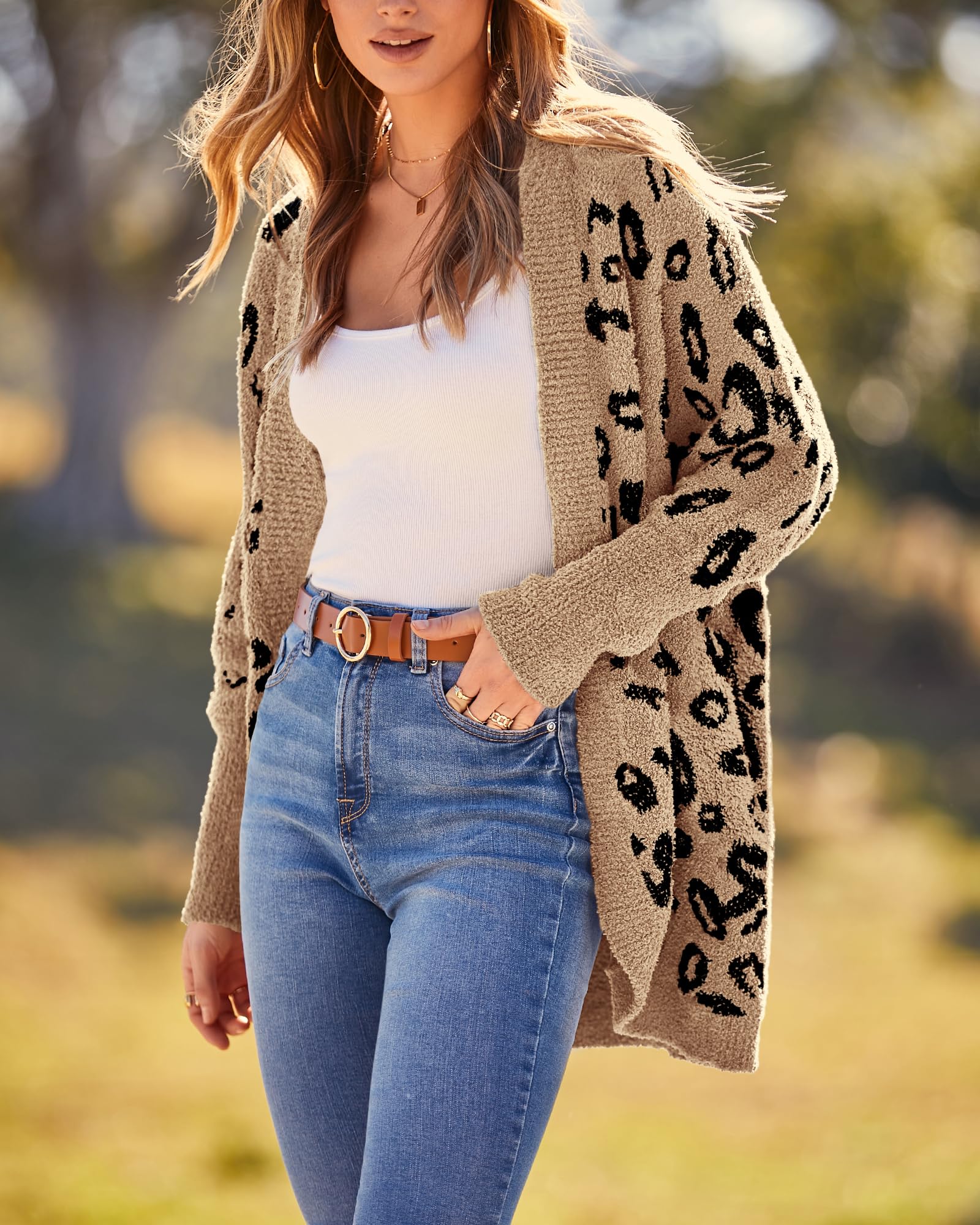 Women Fashion Leopard Print Long Sleeve Sweater Cardigan Loose Knit Open Front Fall Winter Outwear Coats