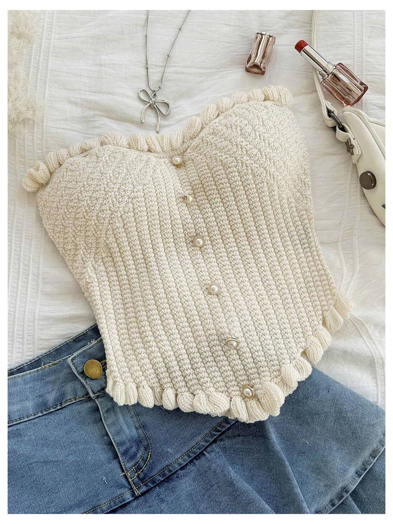 Women's Pearl Strapless Tops Summer Asymmetrical Tube Tops