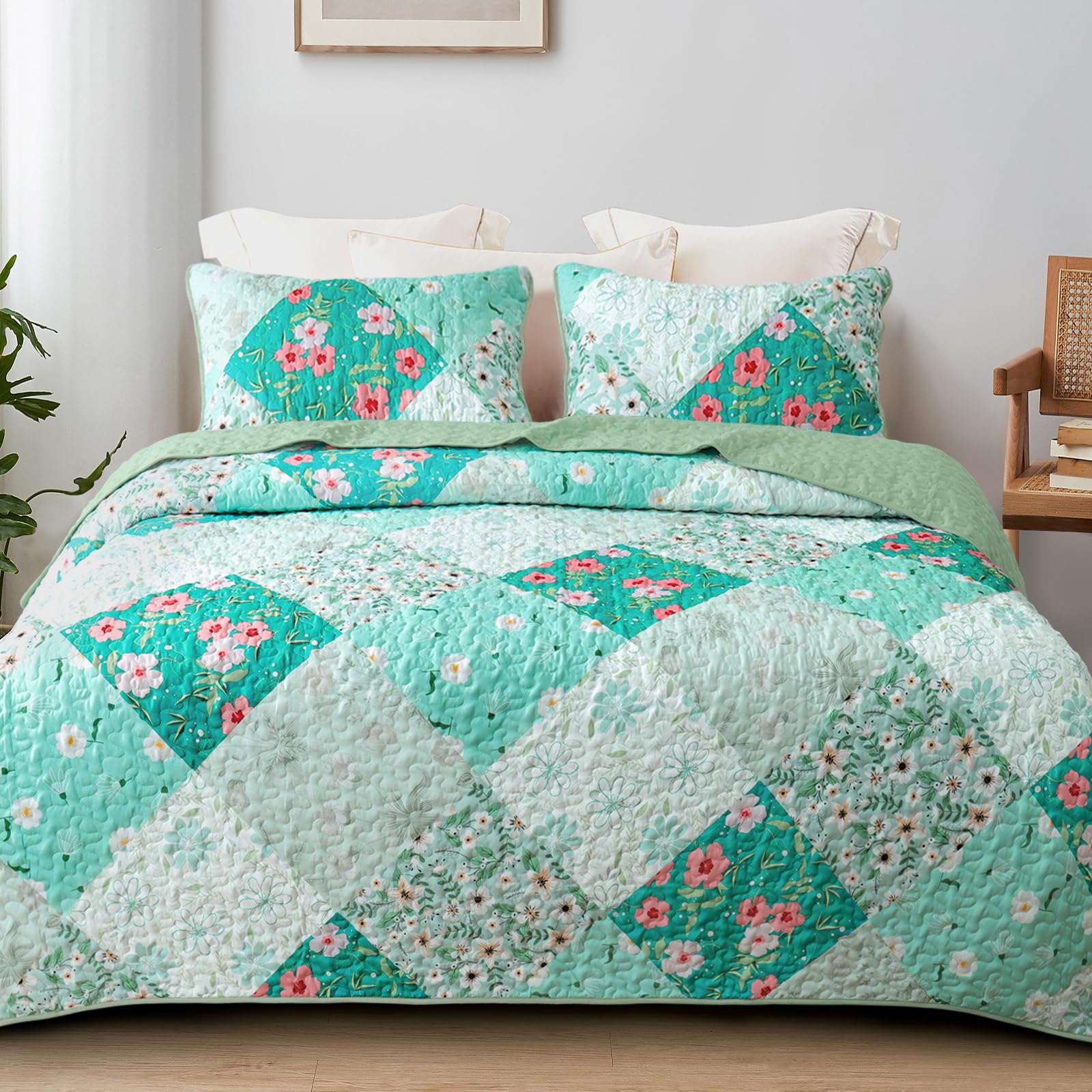 Reversible Patchwork Quilts Full Size, Lightweight Boho Printed Bedspreads Coverlets Quilt Bedding Set with 2 Pillow Shams