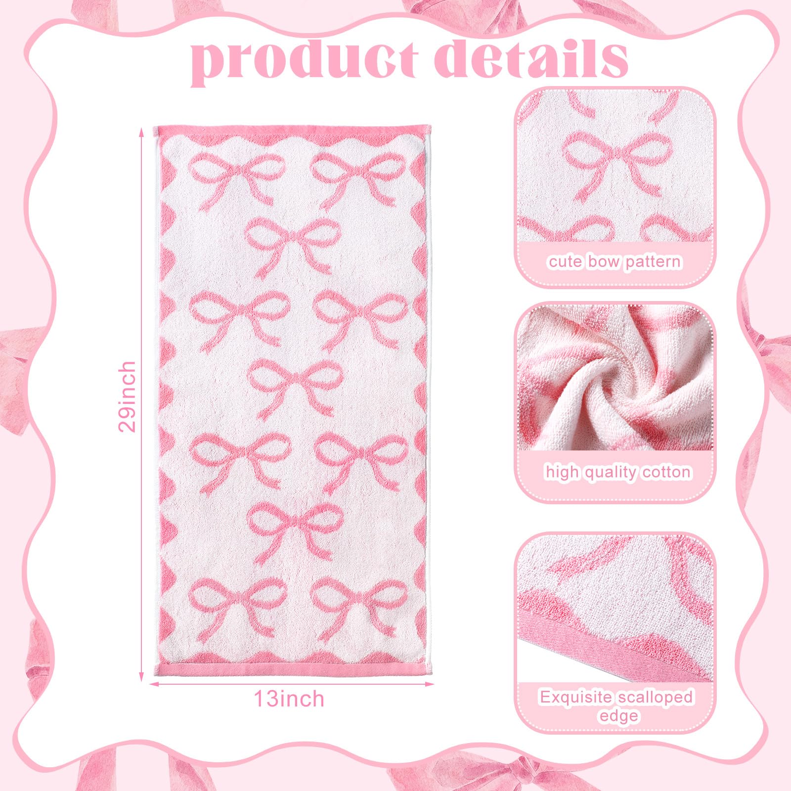 Coquette Bow Hand Towels 100% Cotton Bow Bathroom Towels Kitchen Decor Soft Absorbent Face Towels Preppy Decor Towel for Bathroom (Pink) 4 Pcs