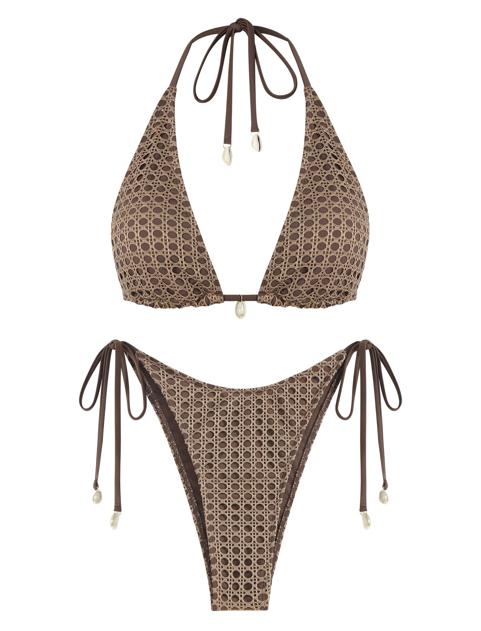 Women's Multiway Triangle Bikini â€?Fishnet Tie-Side Bandeau & Halter Swimsuit Set