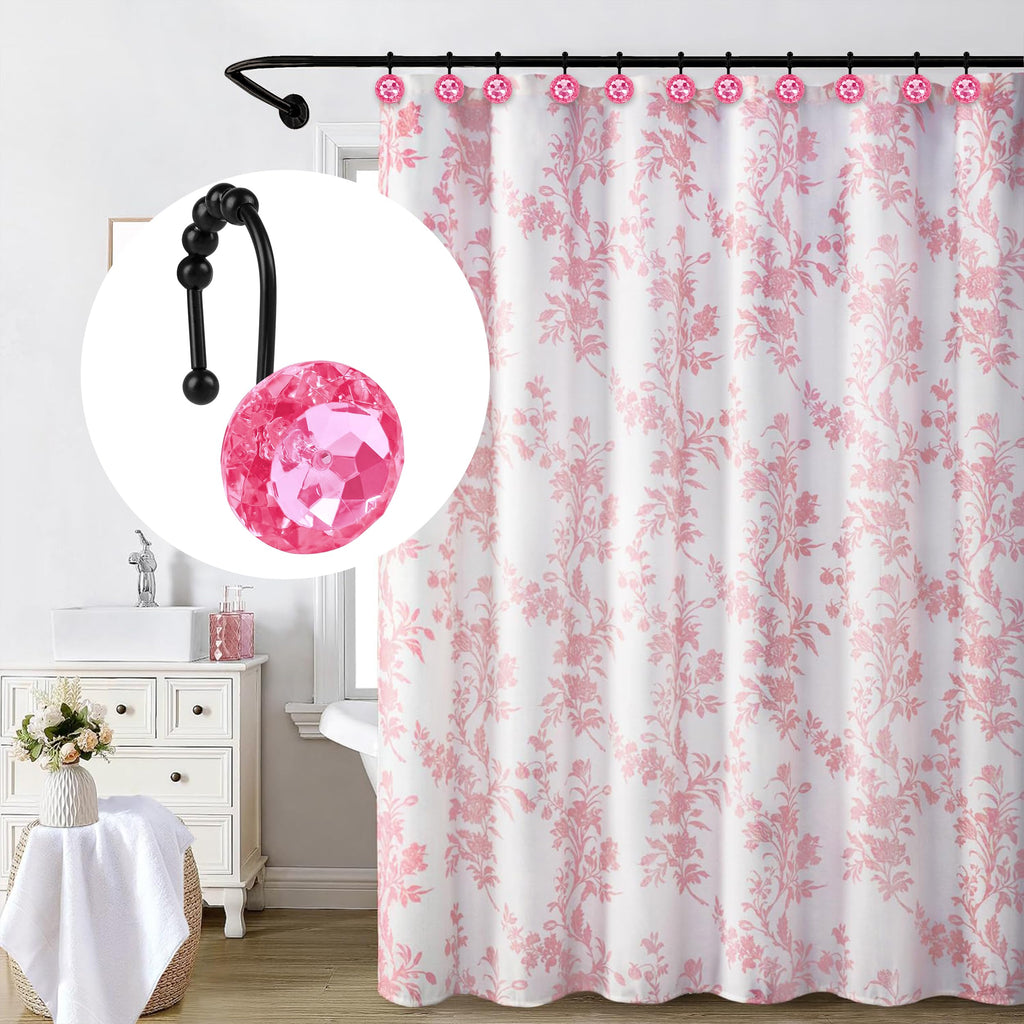 Luxury Design Round Diamond Crystal Gem Bling with Glide Balls Shower Curtain Hooks, Rust Proof Metal Rhinestones Glam Shower Curtain Rings-12 Pack