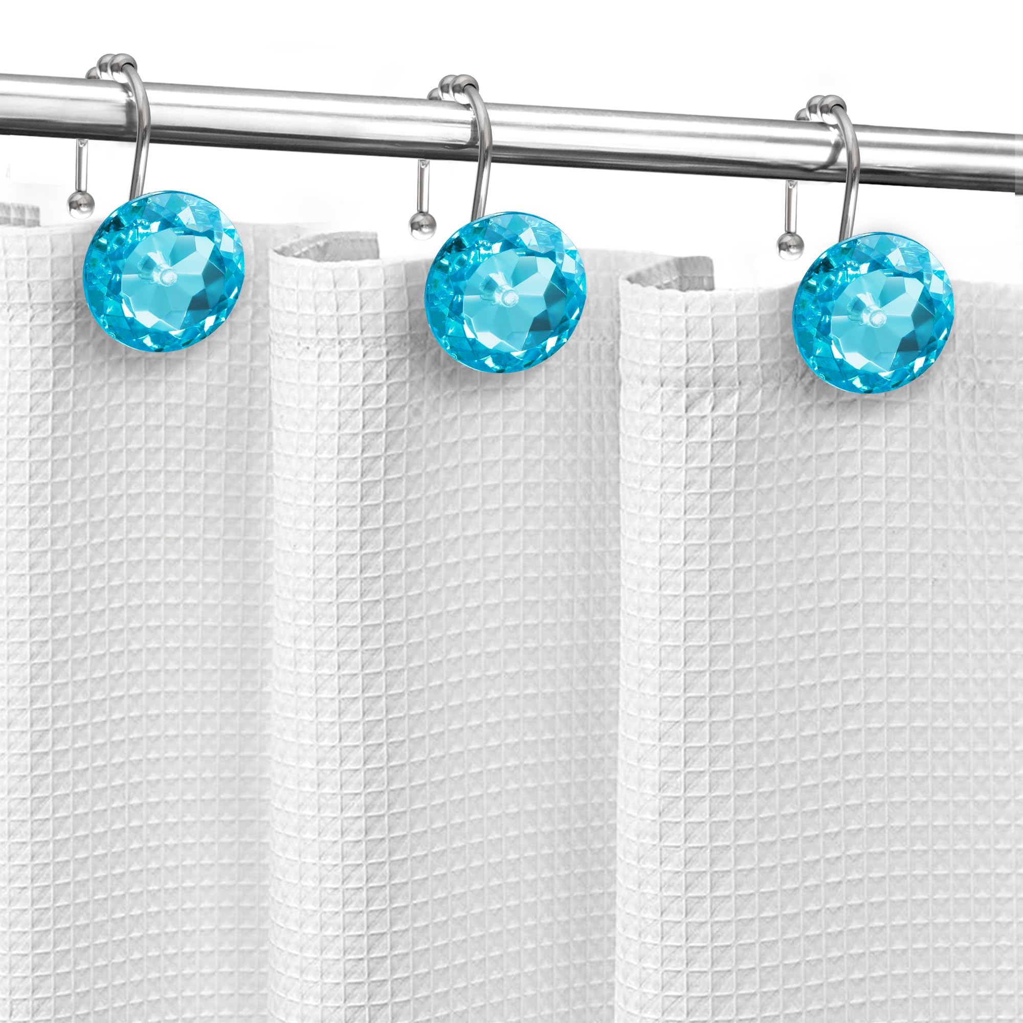 Luxury Design Round Diamond Crystal Gem Bling with Glide Balls Shower Curtain Hooks, Rust Proof Metal Rhinestones Glam Shower Curtain Rings-12 Pack