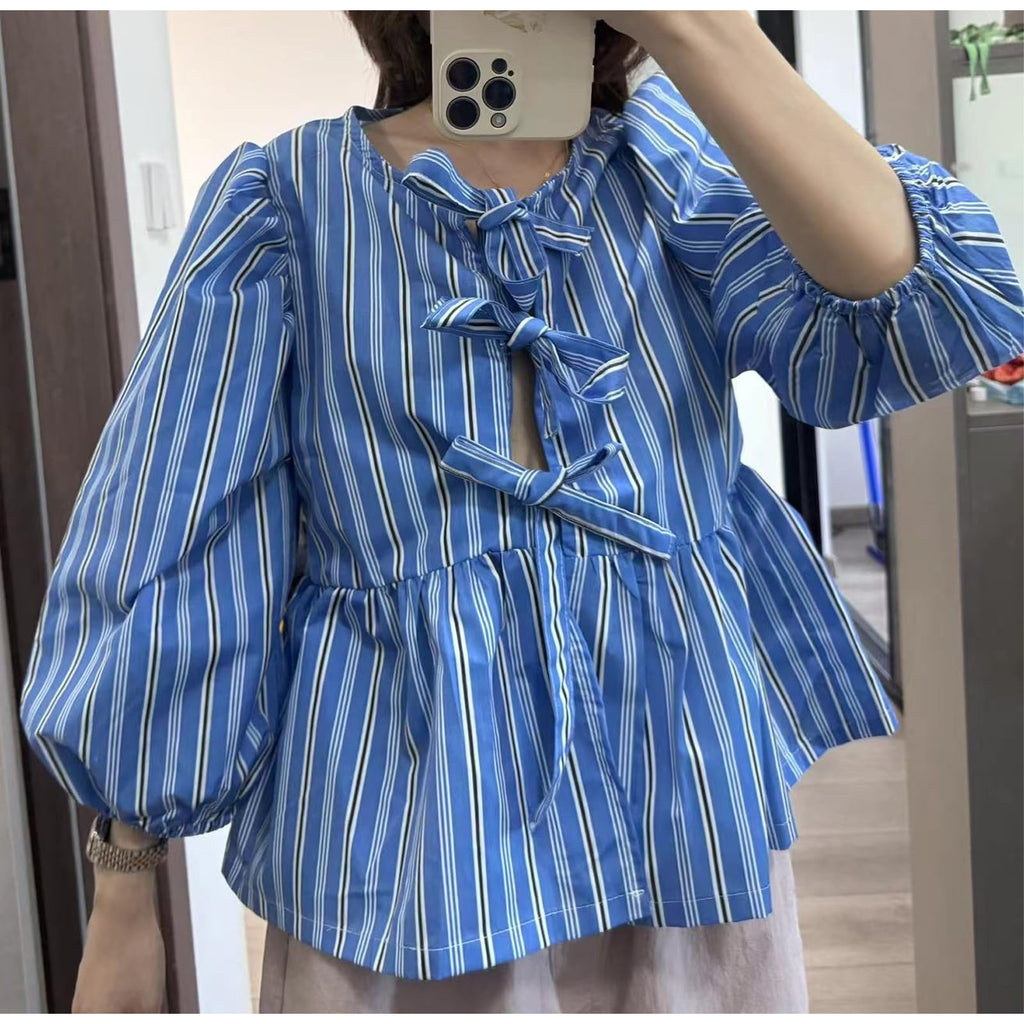 Tie Front Tops Womens Y2k Print Peplum Babydoll Top 3/4 Length Puff Sleeve Coquette Cute Going Out Tops