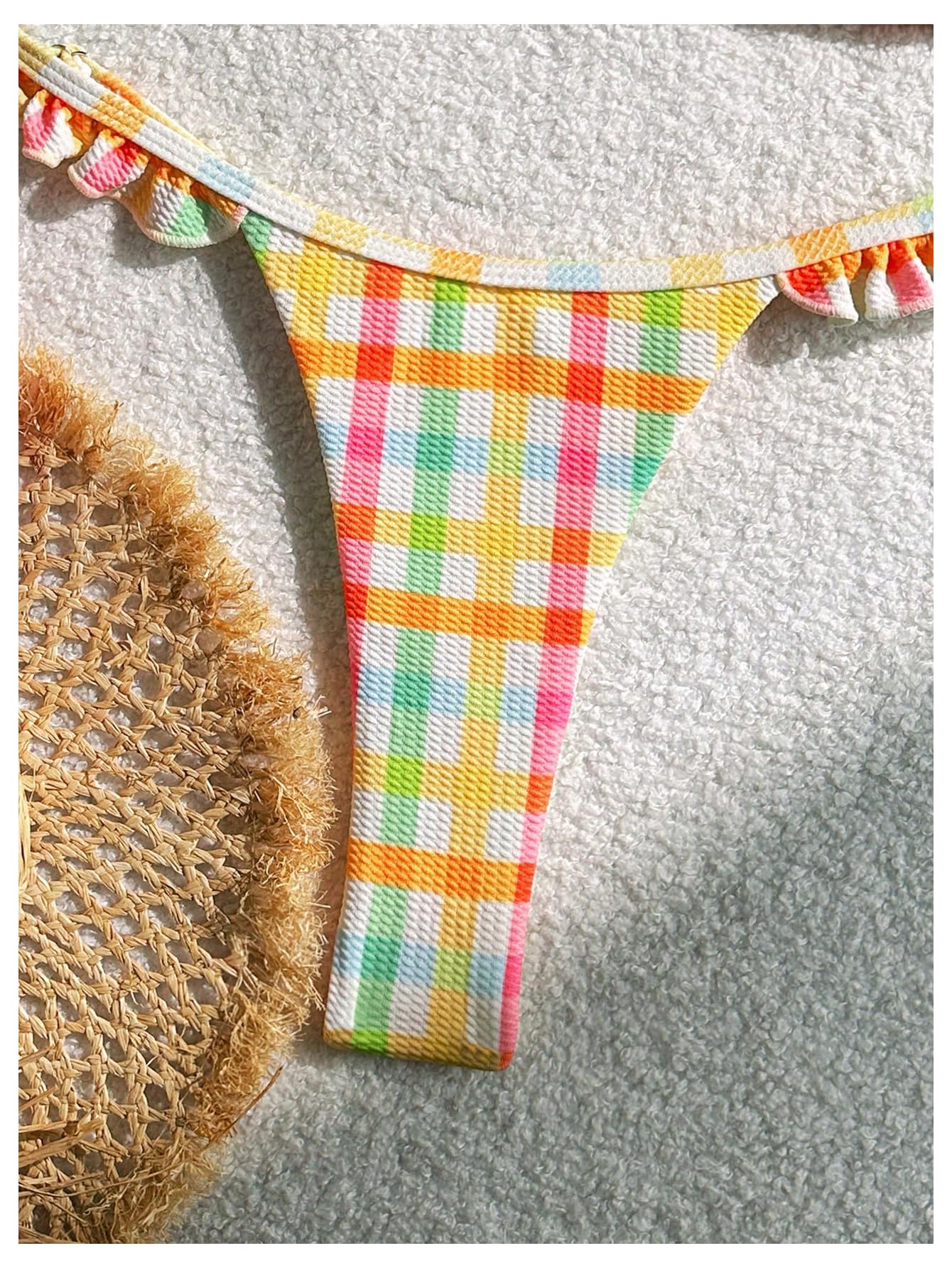 Women's Gingham Thong Bikini Sets Ruffle String Coquette Swimsuits Tie Back Boho Bathing Suit