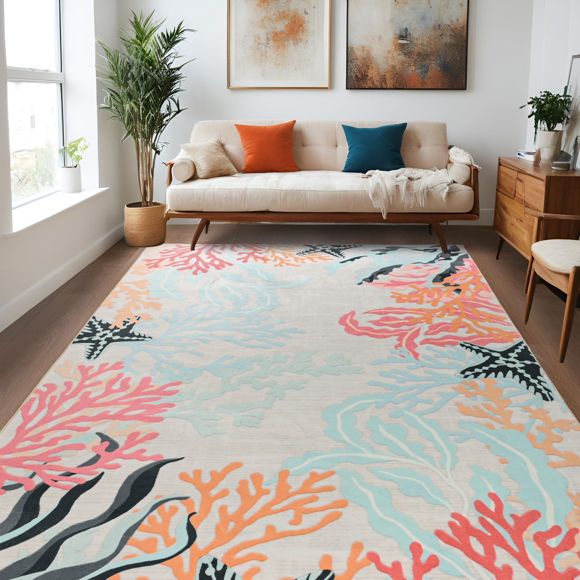 Faux Wool Boho Floral Area Rug Abstract Print Soft Carpet, TPR Non-Slip Backing, Machine Washable Low Pile Rug