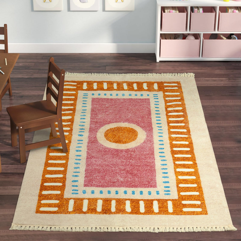 Orange Rainbow Boho Runner Rugs with Fringes, Sun Washable Hallway Runner Rug, Soft Non-Slip Area Rug