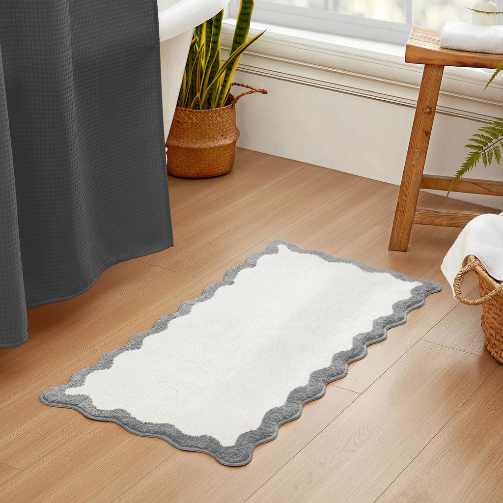 Wavy Bath Mat with Scalloped Ripple Design, Microfiber Absorbent Non Slip Tufted Rug