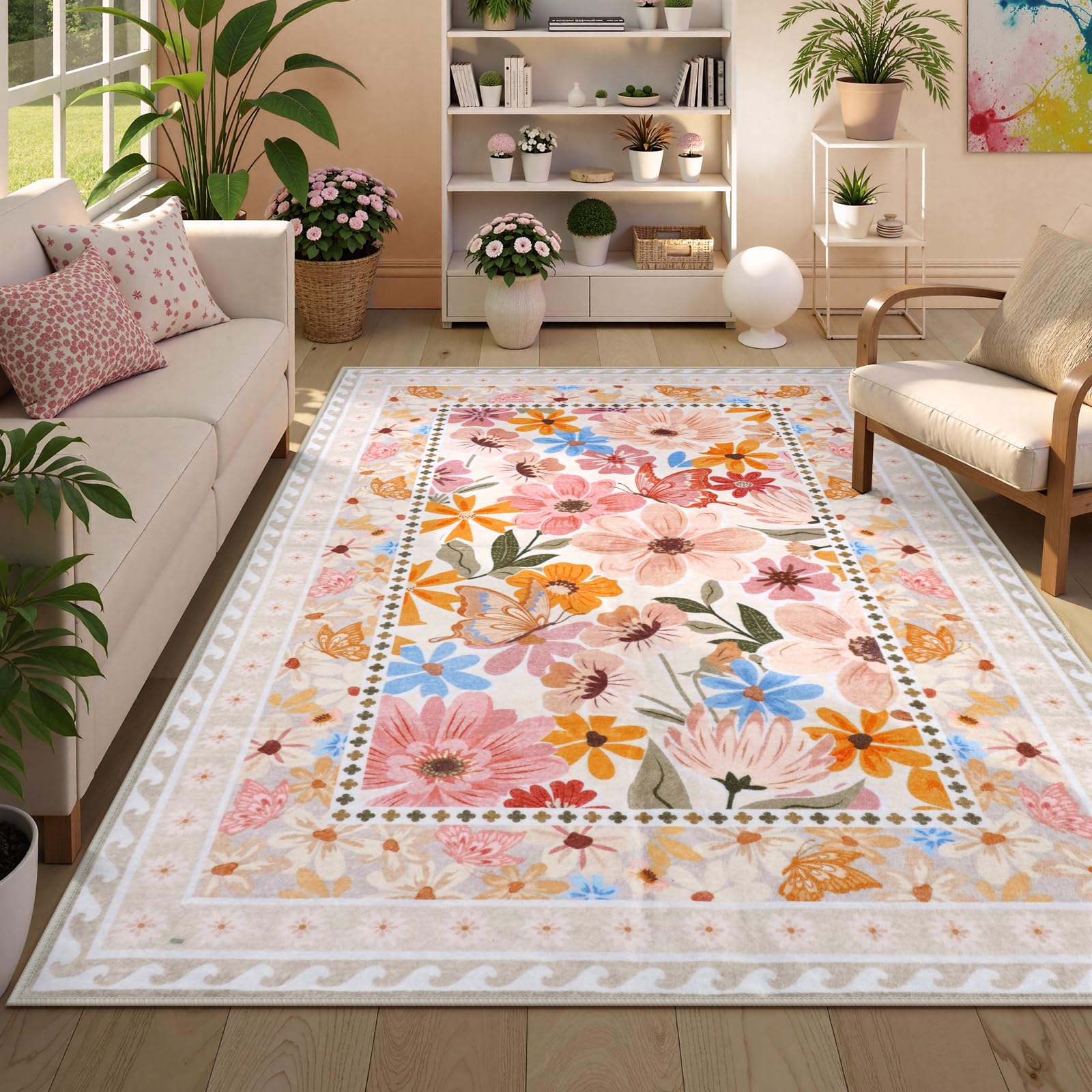 Floral Hallway Runner Rug, Runner Rugs Non Skid Washable, Low Pile Soft Boho Rugs