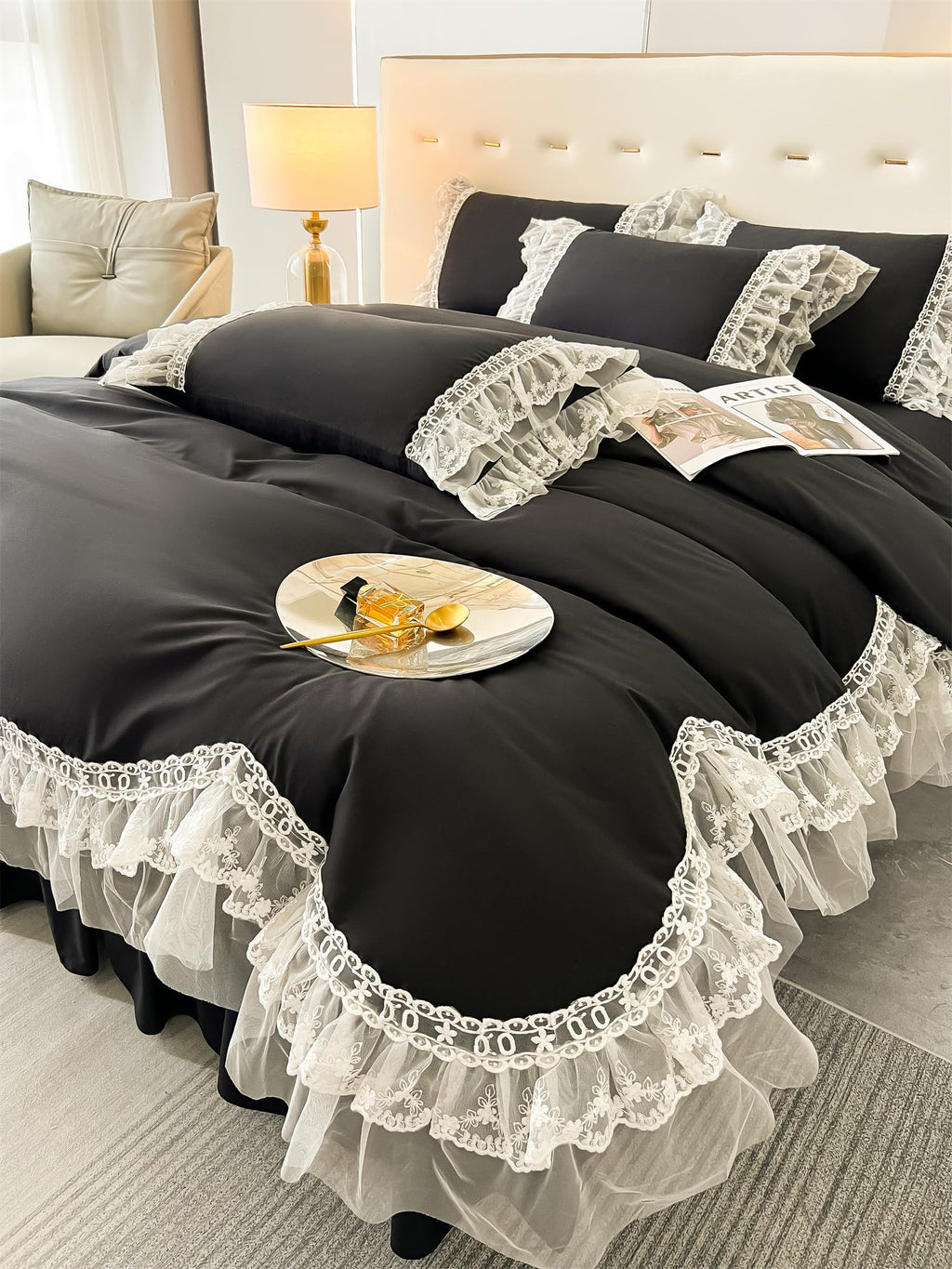 Chic Ruffle Lace Polyester Duvet Cover Set -Bedding-2 Piece Duvet Cover with Zipper Closure -Ultra Soft and Light Weight