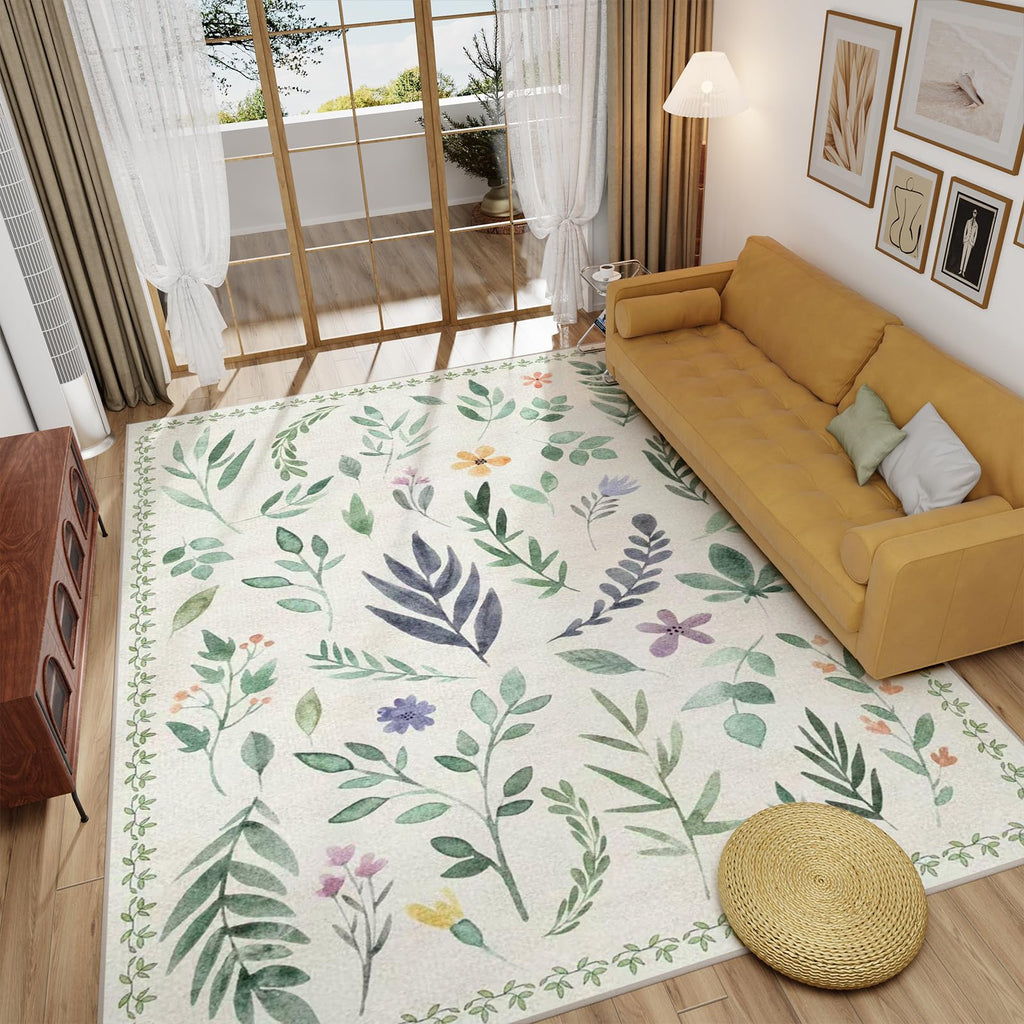 Washable Floral Rugs with Non Slip Backing, Stain Resistant, Floral Soft Low-Pile