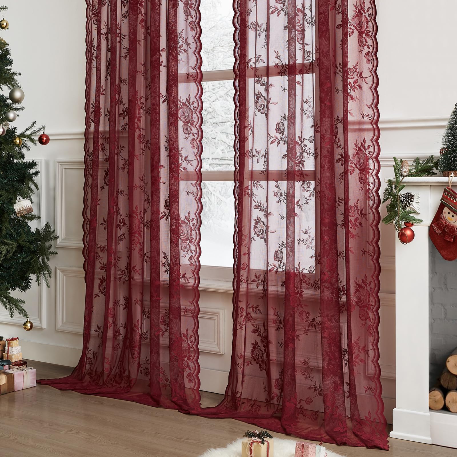 Lace Curtains 2 Panels Set Victorian Floral Sheer Curtains for Living Room Bedroom Girls Room Rod Pocket Light Filtering Romantic French Drapes Window Decor