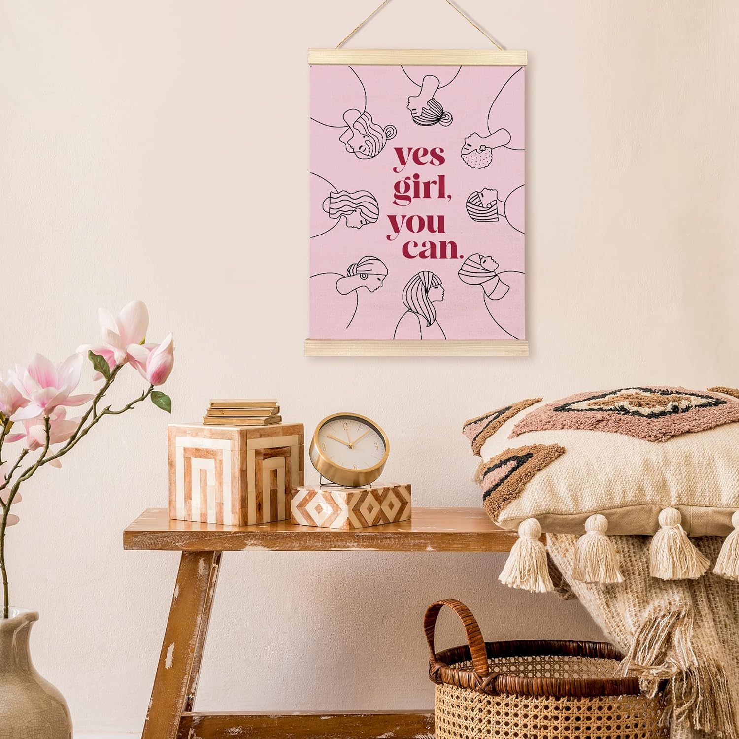Yes Girl You Can Poster Hanger Frame, Feminist Motivational Quote Wooden Canvas Artwork Print, Pink Positive Wall Painting for Girl Room Home Bathroom Office Decor 12X16inch