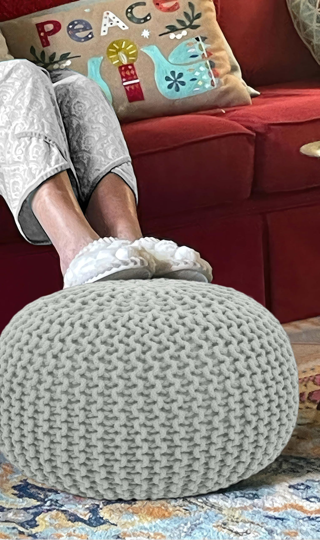 Hand-Knitted Cotton Round Pouf â€?Braid Cord Ottoman, Footrest, and Accent Seat for Living Room, Nursery, Kids Room, or Dorm Décor â€?20x14