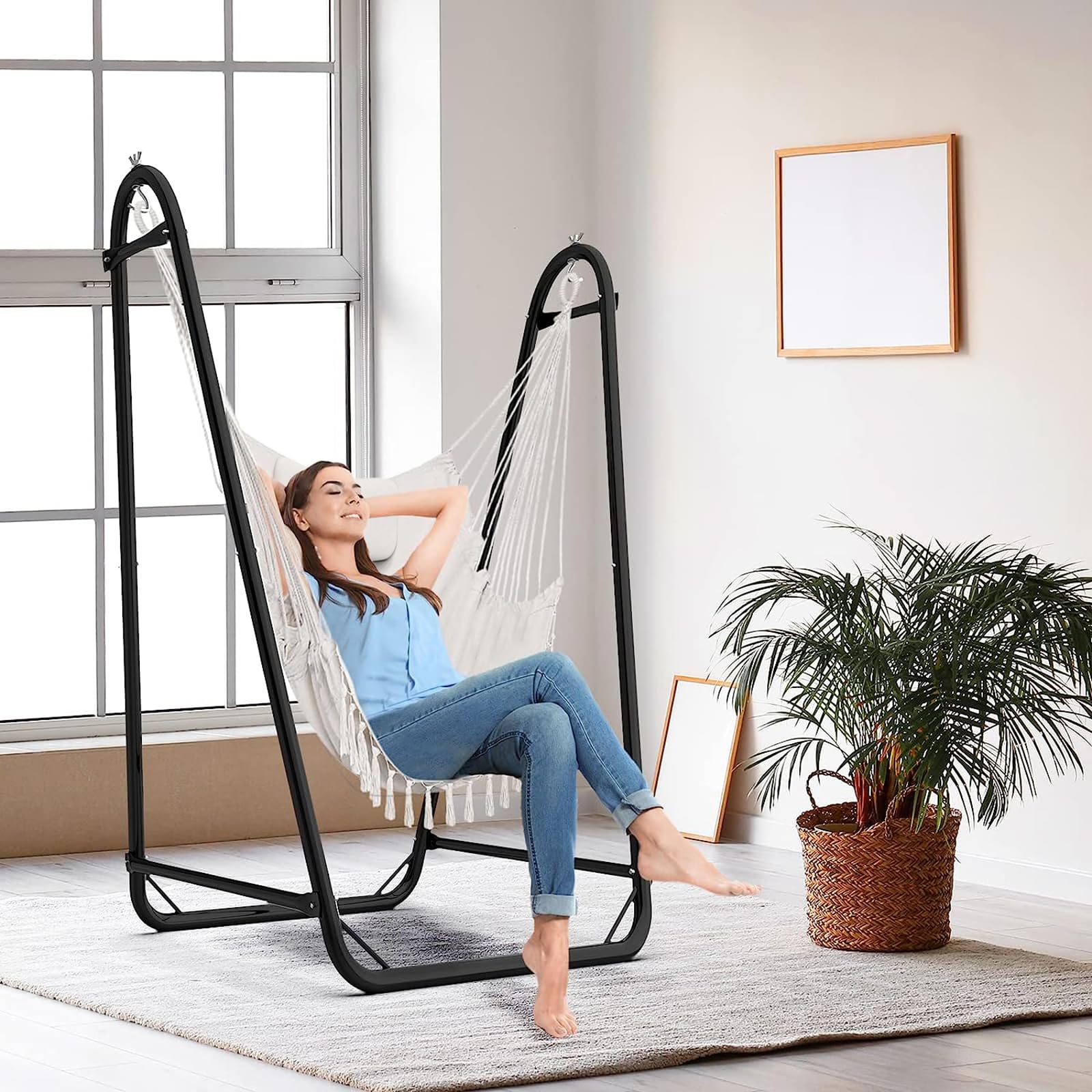 Hammock Chair with Stand,Heavy-Duty Hanging Chair with Stand for Indoor Outdoor, Sturdy Swing Chair Stand Max Load 350 pounds (Hammock Chair Included)