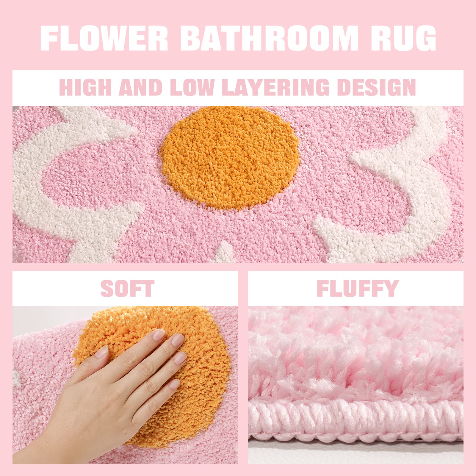 Cute Flower Bath Mat, Machine Washable Bath Rug, Ultra Soft and Fluffy Bathroom Mat, Small Round Non-Slip Water Absorbent Bath Mats for Bathroom Floor, Shower Room and Bathtub