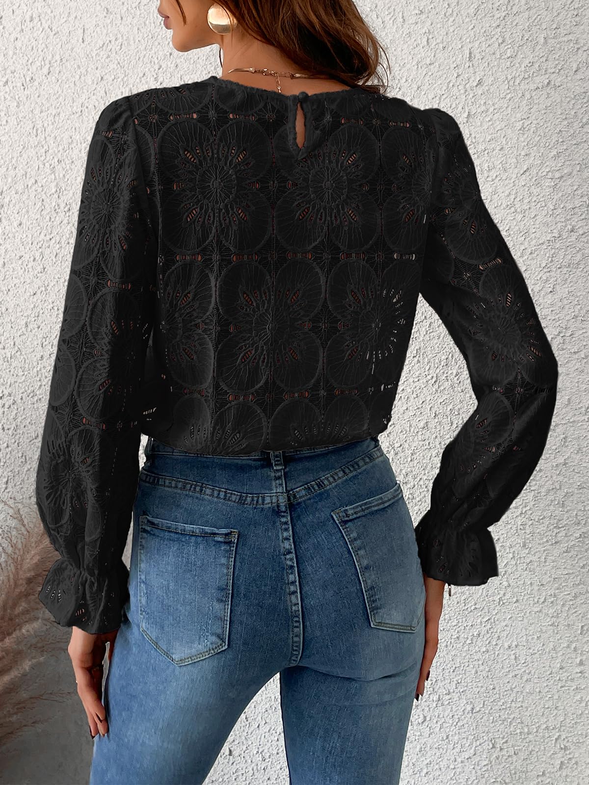 Women Eyelet Long Sleeve - Dressy Hollow Out Crochet Lace Embroidered Blouse