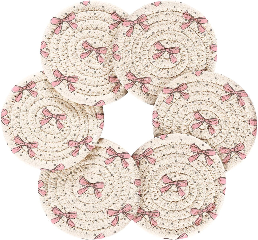 Pink Bow Woven Coasters Set â€?3.9" Absorbent, Heat-Resistant (6 pcs + Holder)