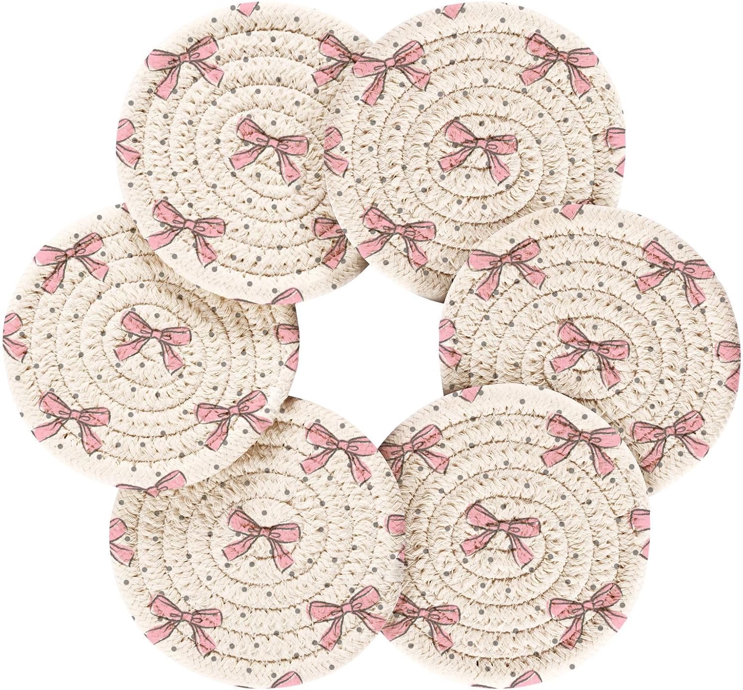 Pink Bow Woven Coasters Set â€?3.9" Absorbent, Heat-Resistant (6 pcs + Holder)