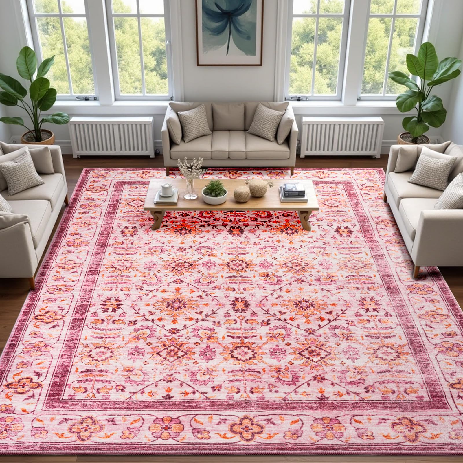 Washable Area Rugs Door Mat Entryway Vintage Floral Non-Slip Low Pile Entrance Thin Rug Carpet for Kitchen Bathroom Living Room Pink