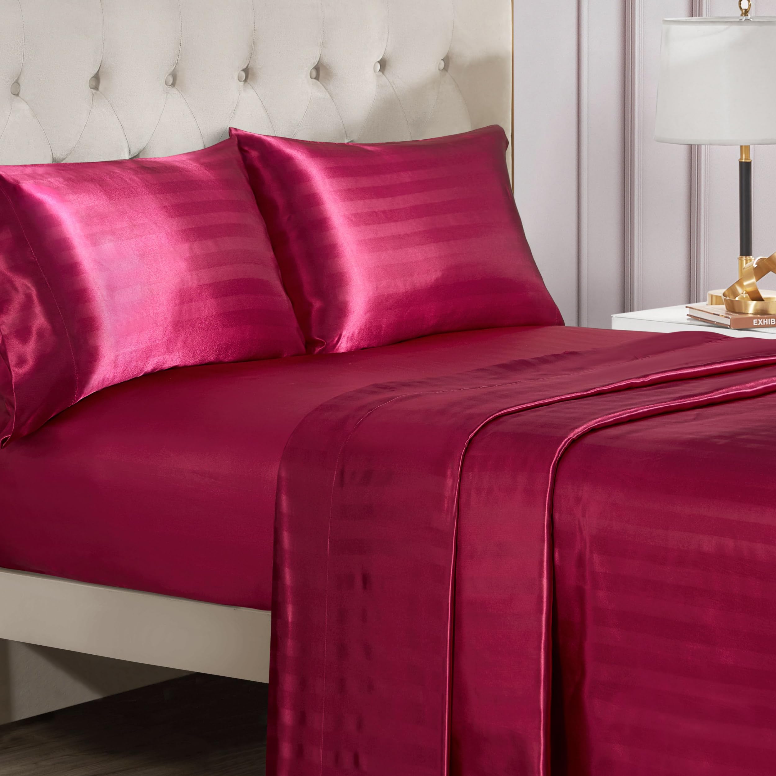 Juicy Couture Silky Satin Damask Sheet Set - Luxury Smooth Satin Striped Sheets
